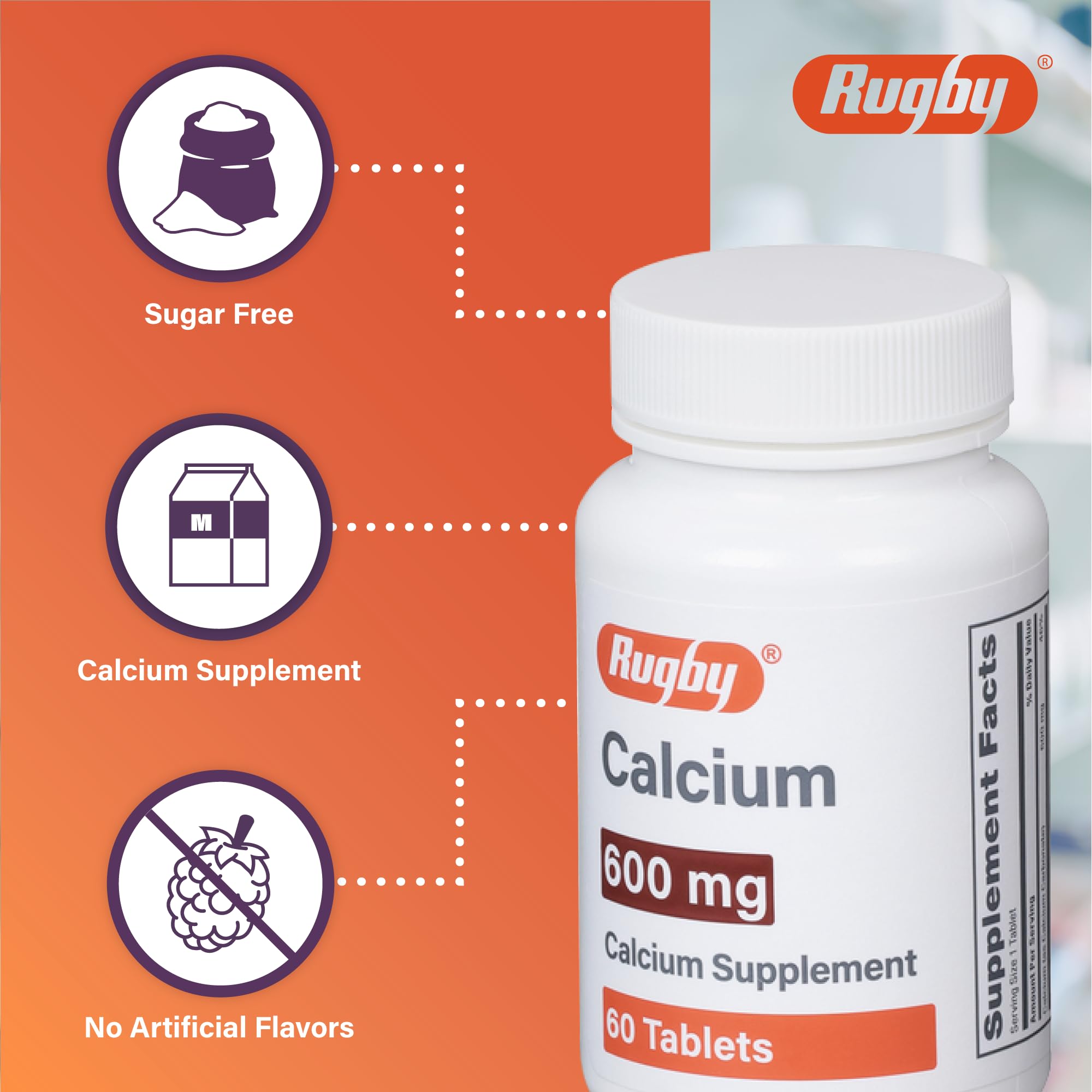 Rugby 600 mg Calcium Tablets - Calcium Supplement - 60 Count (1 Pack)