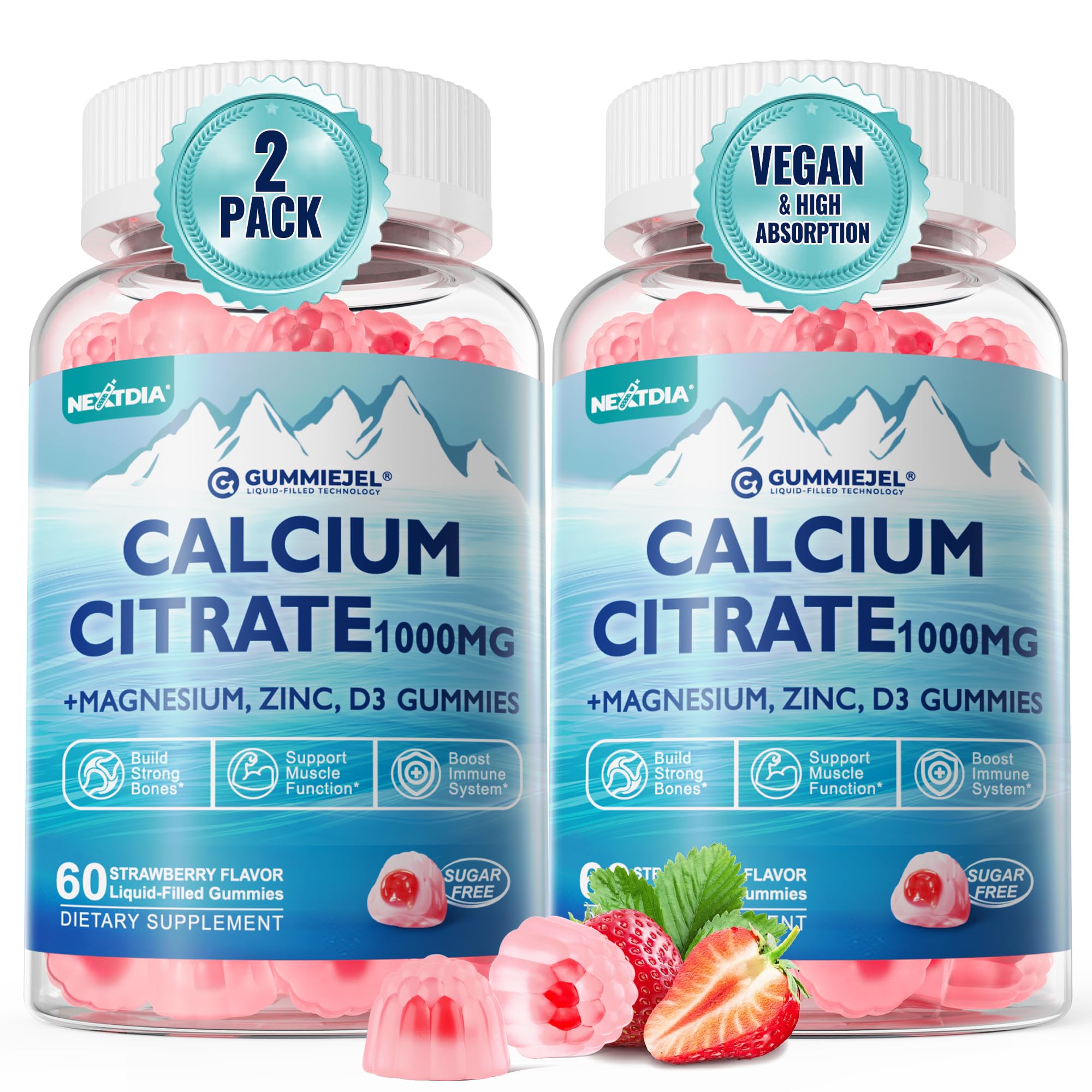 Nextdia Calcium Citrate 1000mg Gummies — Vegan, Sugar-Free, 2:1 Ca:Mg + D3