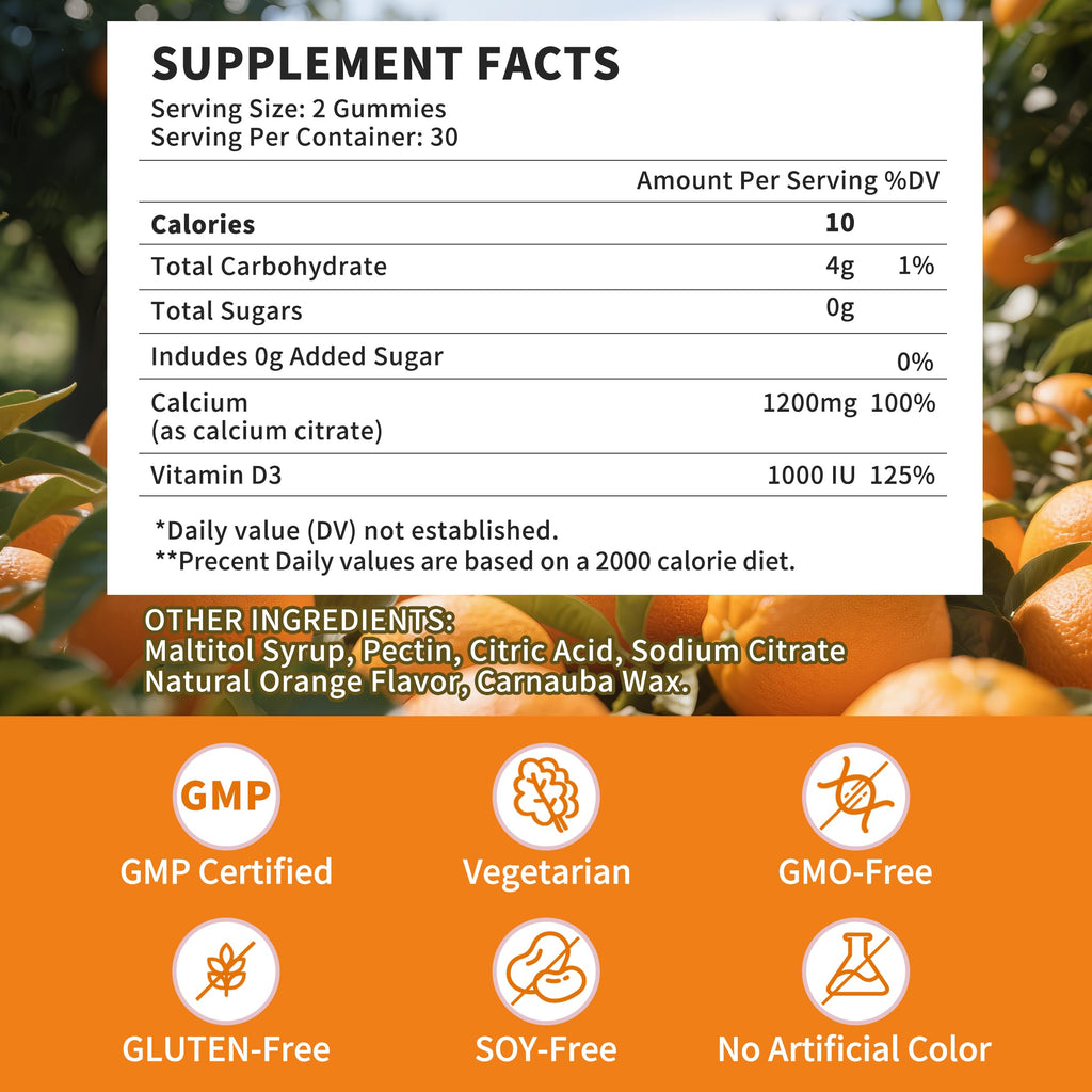 (2 Pack) Calcium Citrate 1200mg + Vitamin D3 Gummies – Vegan, Sugar-Free, Orange