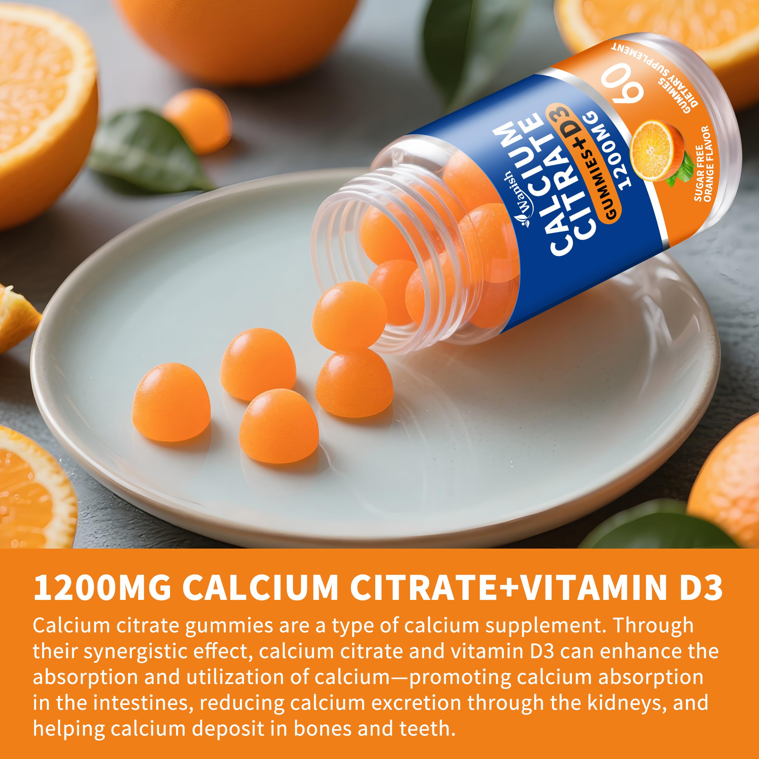 (2 Pack) Calcium Citrate 1200mg + Vitamin D3 Gummies – Vegan, Sugar-Free, Orange