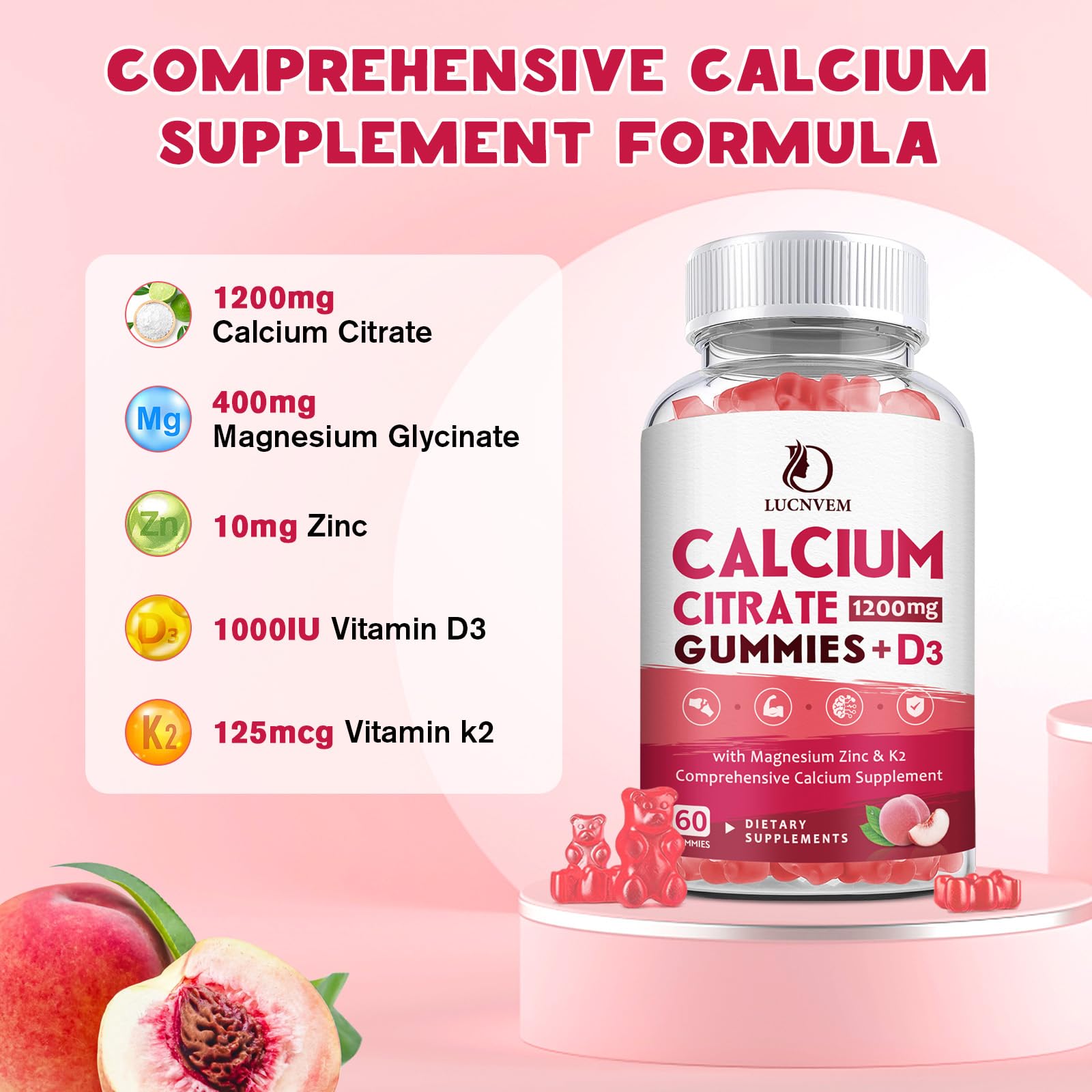 (2 Pack) Calcium Citrate 1200mg Gummies with Vitamin D3 & K2 – Peach Flavor