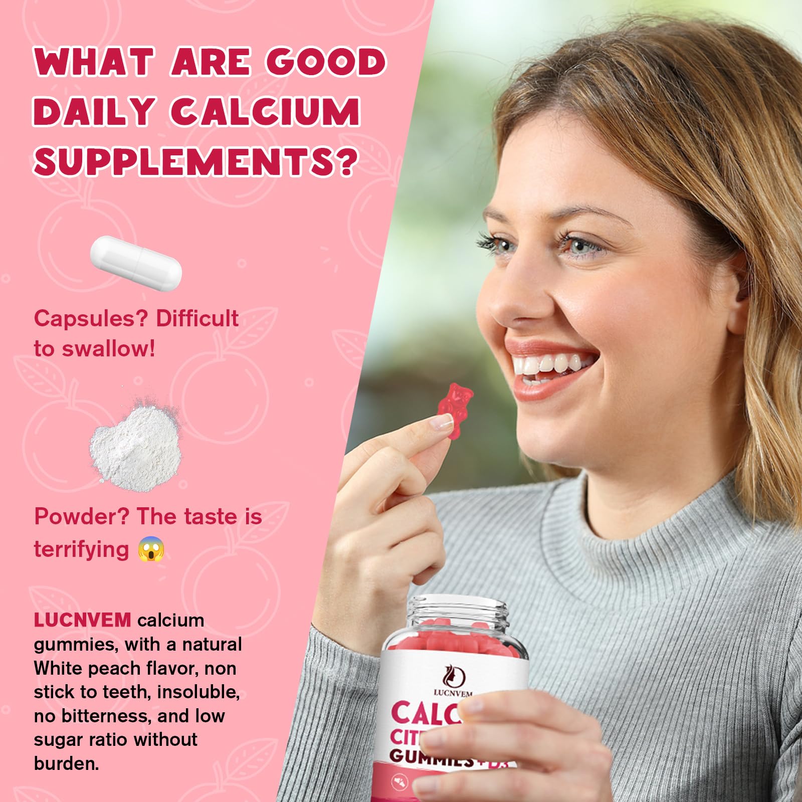 (2 Pack) Calcium Citrate 1200mg Gummies with Vitamin D3 & K2 – Peach Flavor