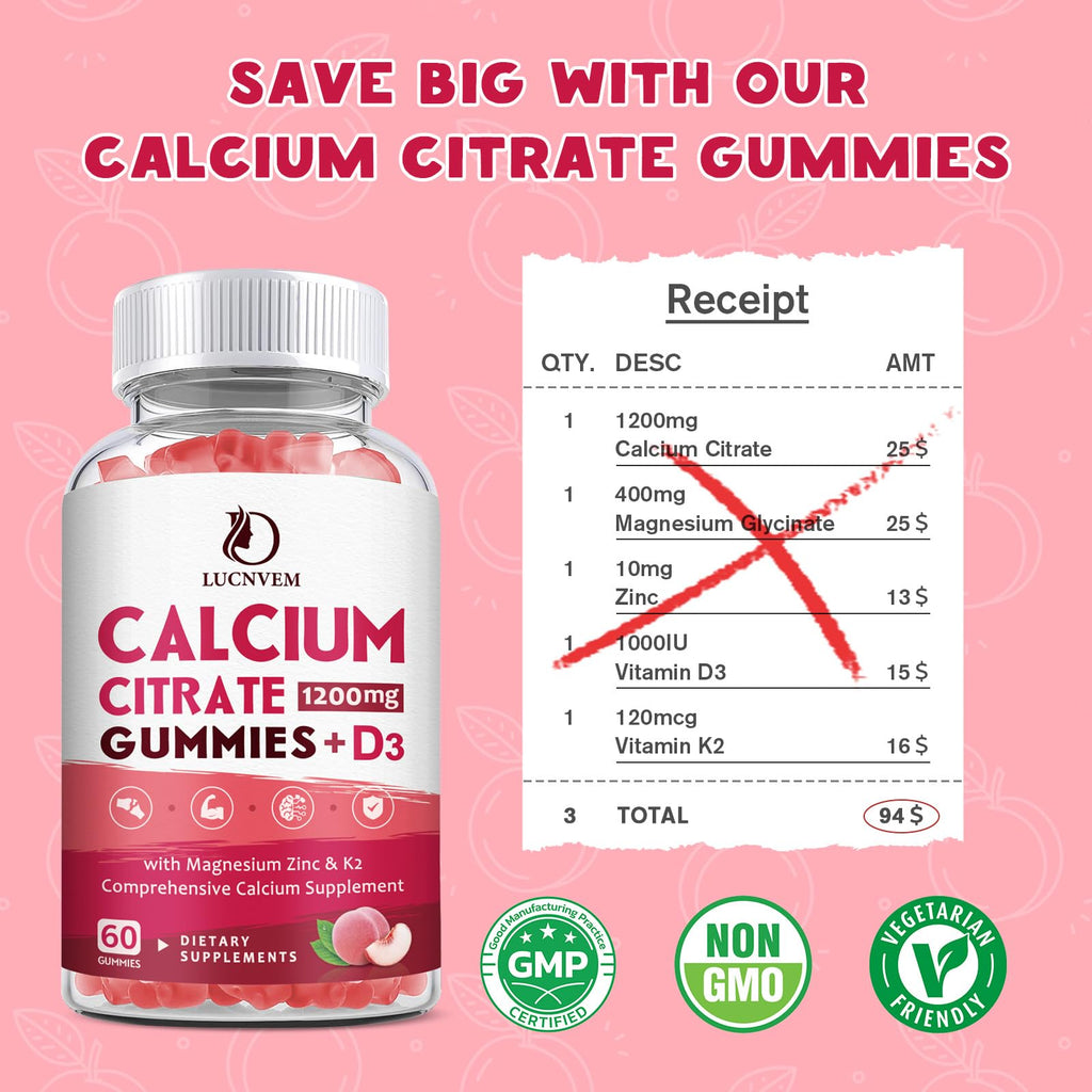 (2 Pack) Calcium Citrate 1200mg Gummies with Vitamin D3 & K2 – Peach Flavor