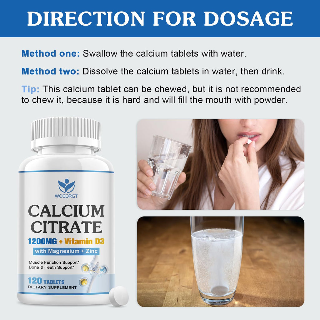 Calcium Citrate 1200mg with Vitamin D3 | Vegan Calcium Magnesium Zinc for Bone & Immune Support – 120 Tablets