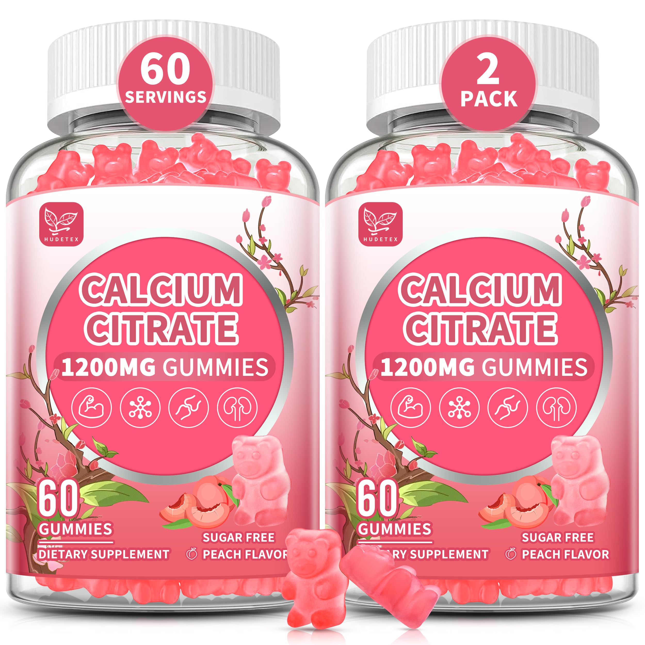 2 Pack Calcium Citrate 1200 mg Gummies – High Absorption, Sugar Free, Vegan, Peach Flavor