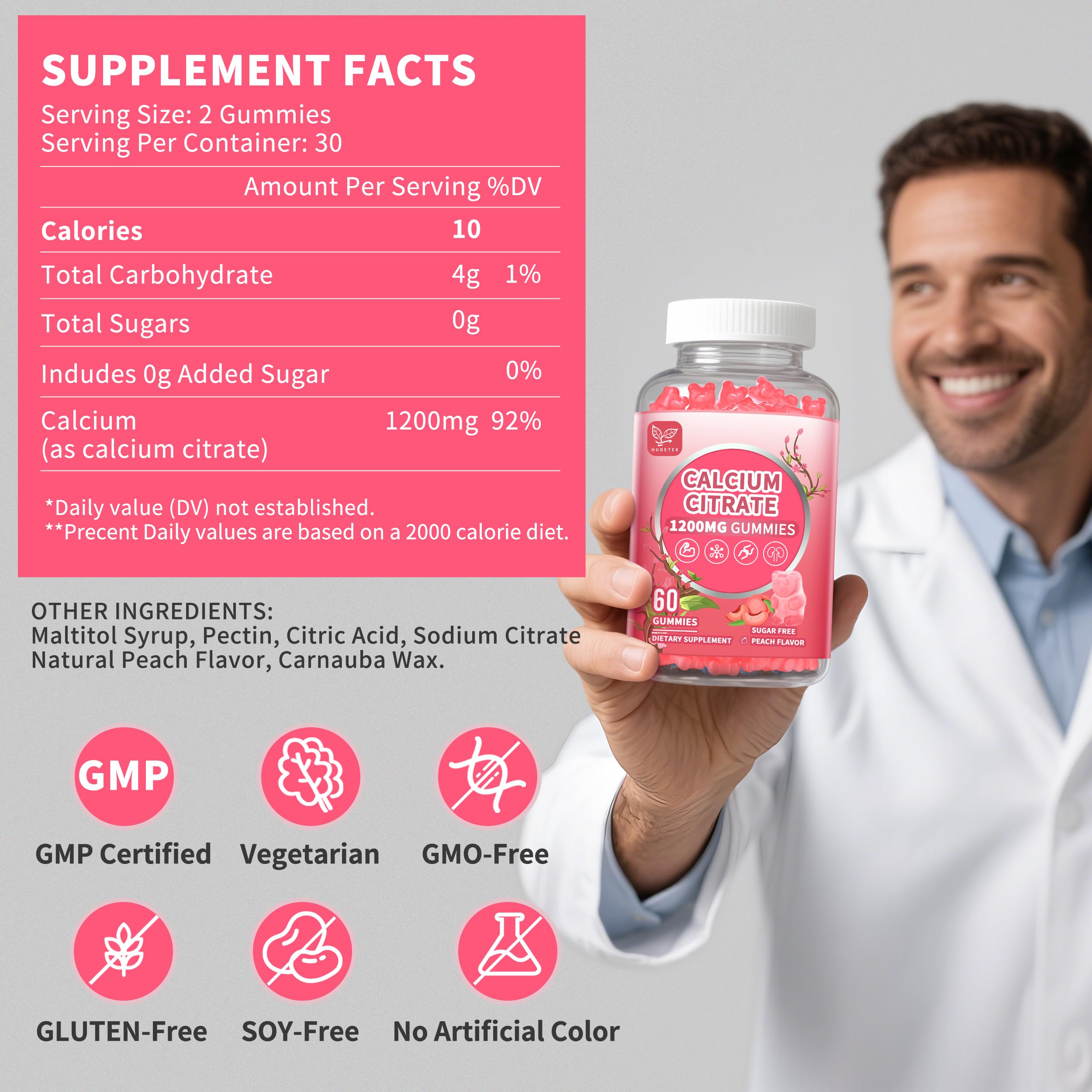 2 Pack Calcium Citrate 1200 mg Gummies – High Absorption, Sugar Free, Vegan, Peach Flavor