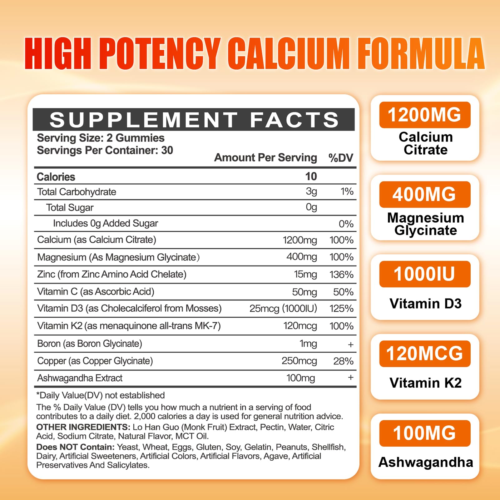 Calcium 1200 mg Gummies with Vitamin D3 – Calcium Citrate, K2 & Ashwagandha
