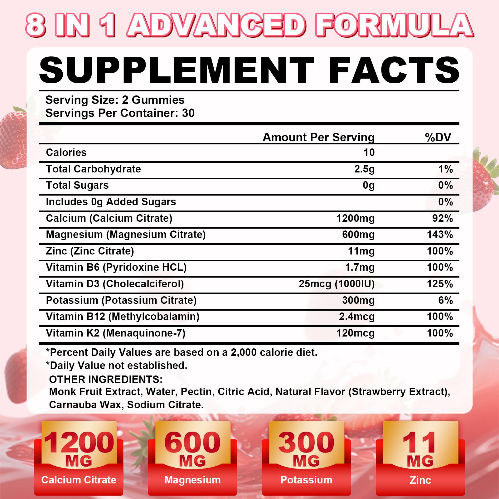 1200mg Calcium Citrate Gummies - Sugar-Free Strawberry | Bone, Teeth & Immunity