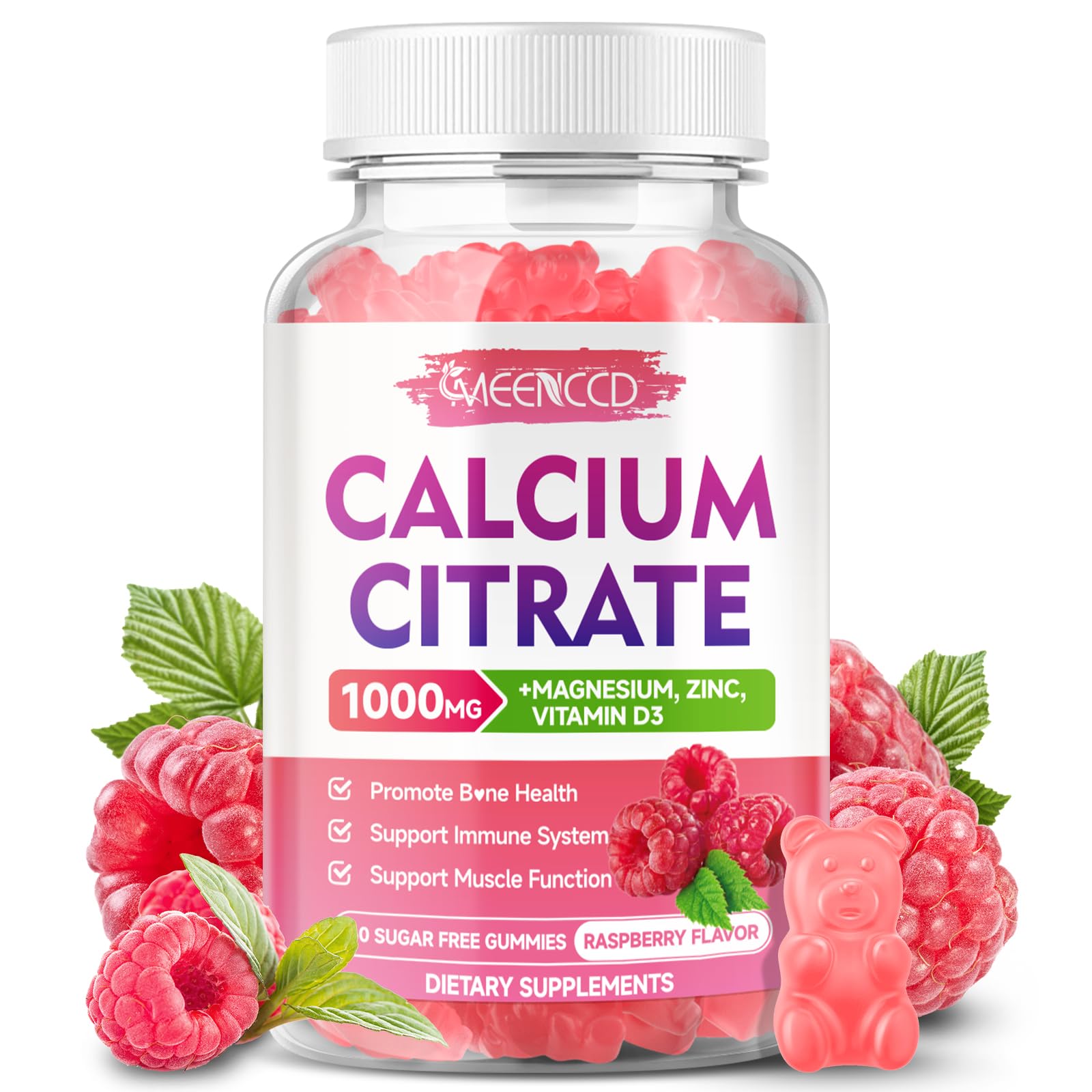 Calcium Citrate Gummies 1000mg with Vitamin D3 – Sugar-Free Raspberry Flavor (60 Count)