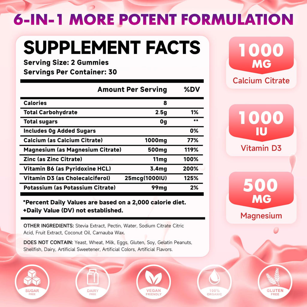 Calcium Citrate Gummies 1000mg with Vitamin D3 – Sugar-Free Raspberry Flavor (60 Count)