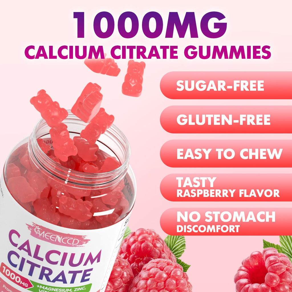 Calcium Citrate Gummies 1000mg with Vitamin D3 – Sugar-Free Raspberry Flavor (60 Count)