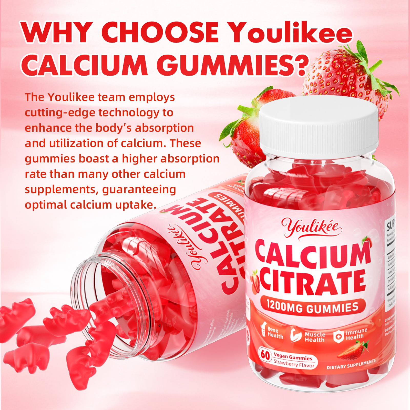 2-Pack Calcium Citrate Gummies 1200mg – Vegan, Strawberry, 120 Count