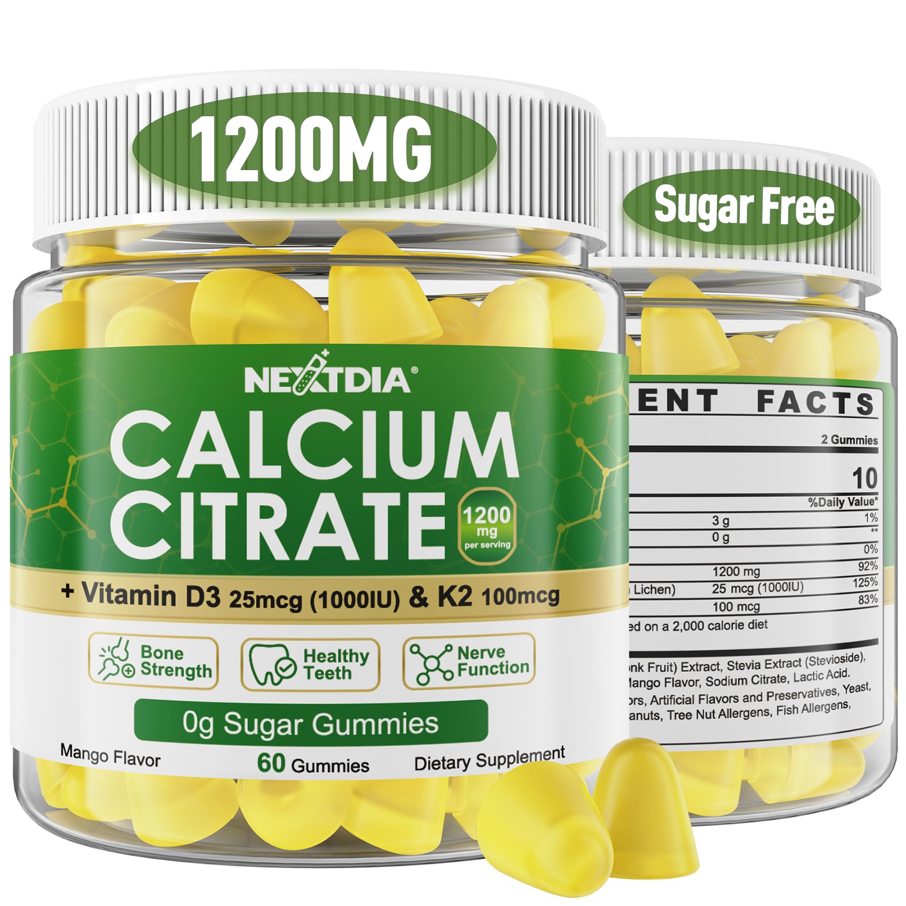Calcium Citrate Gummies 1200mg with Vitamin D3 & K2 – Mango, 120 Count, Sugar Free