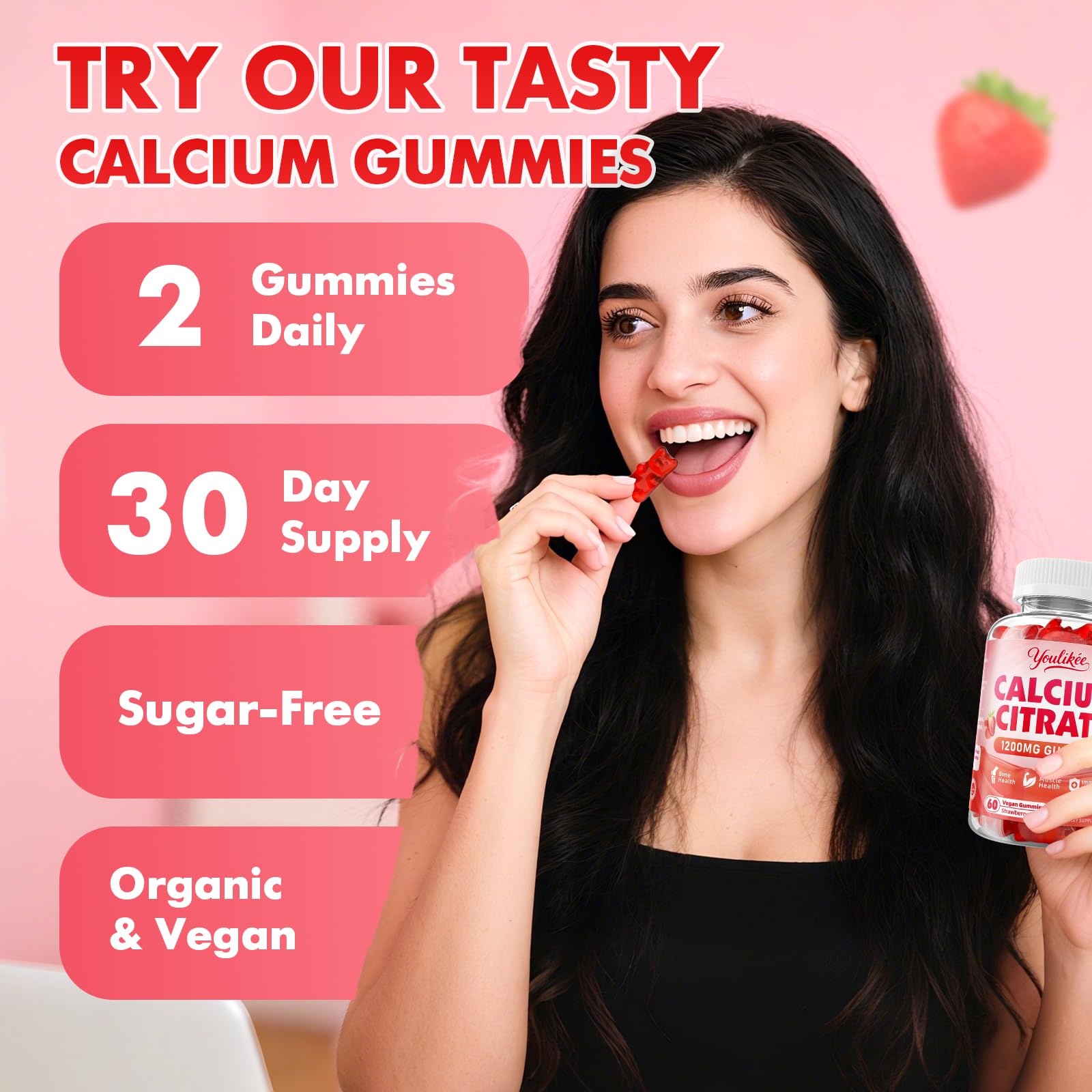2-Pack Calcium Citrate Gummies 1200mg – Vegan, Strawberry, 120 Count