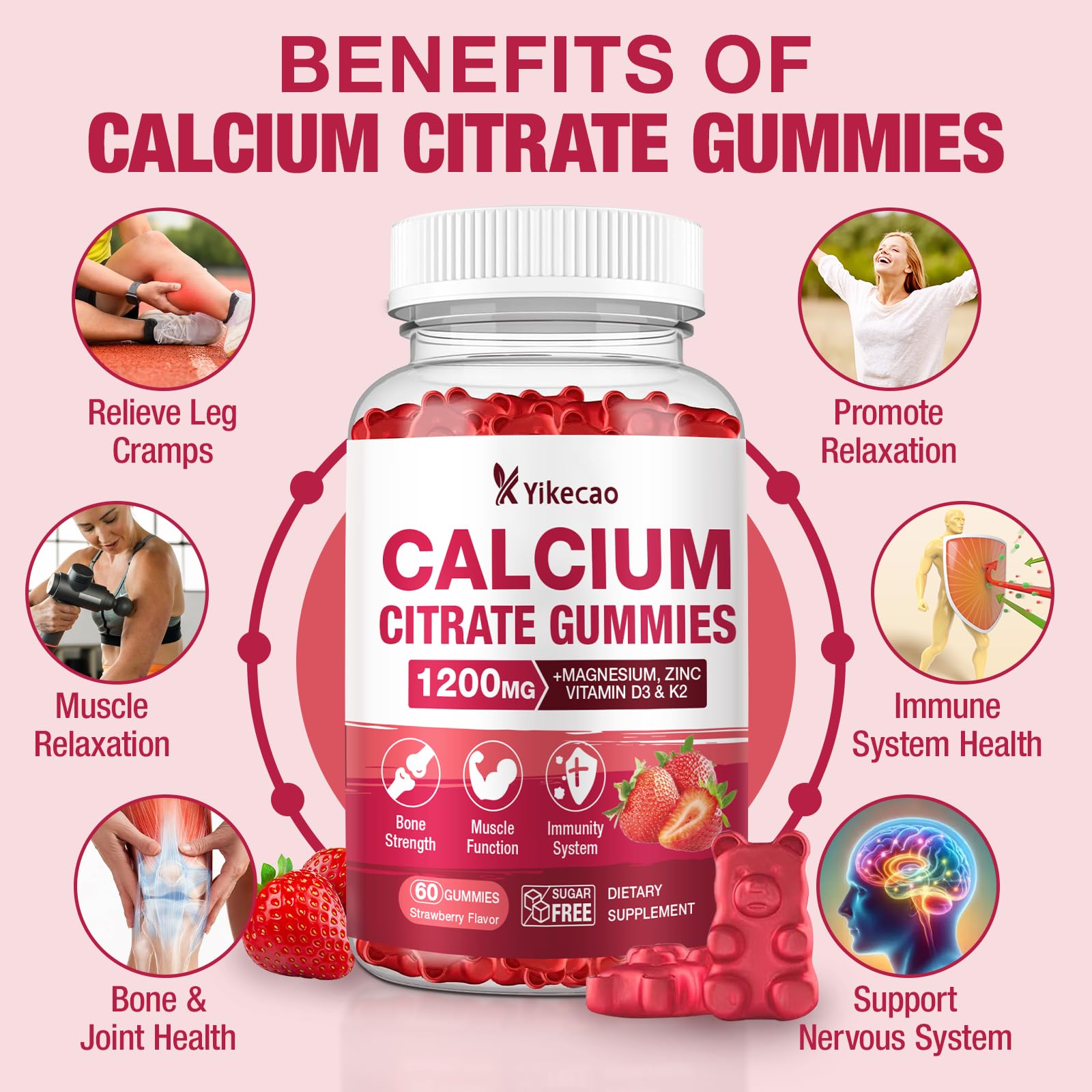 Calcium Citrate Gummies 1200mg – Strawberry Flavor, D3 & K2, 60 Count