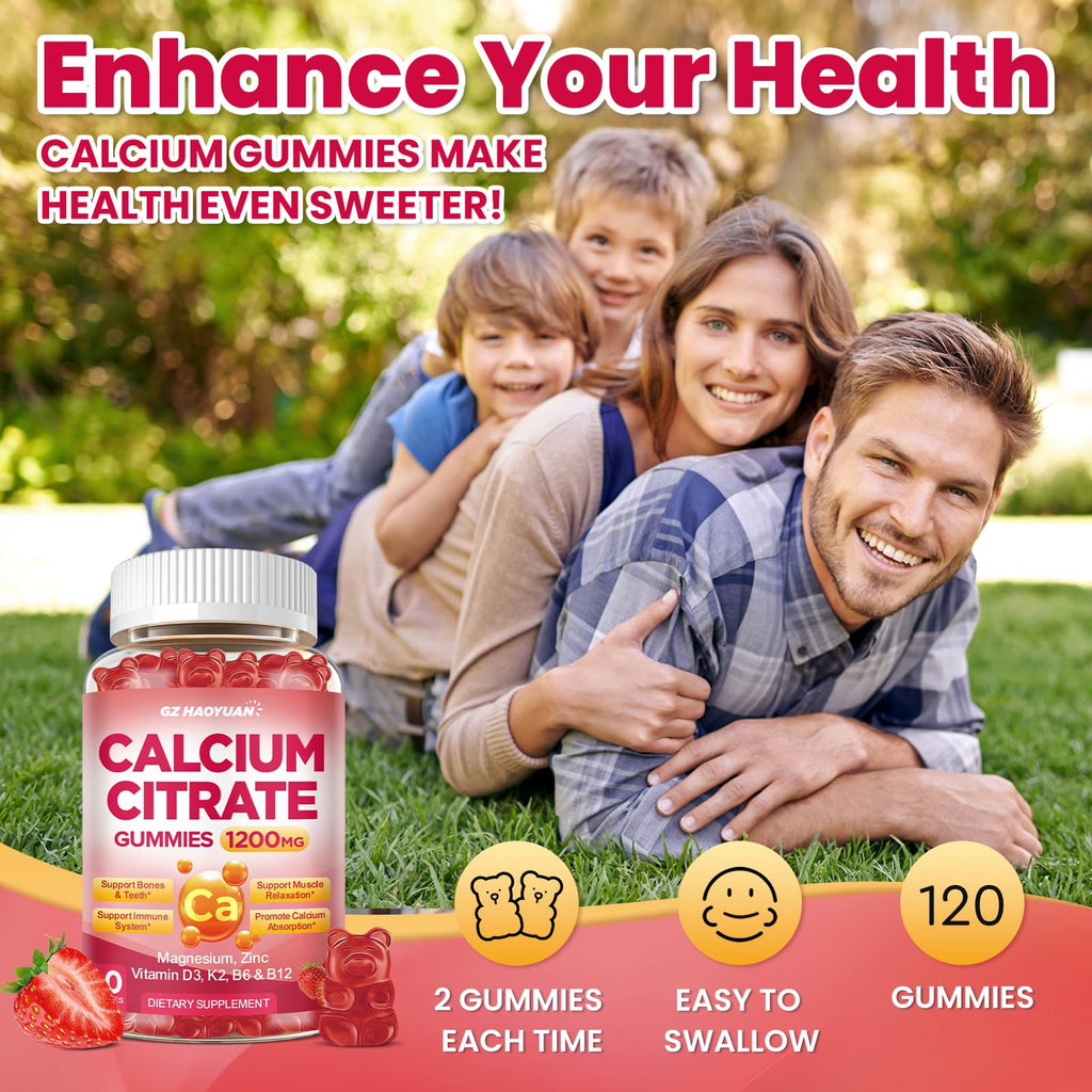 Calcium Citrate Gummies 1200mg with D3, K2 & Zinc – Strawberry (120 Count)