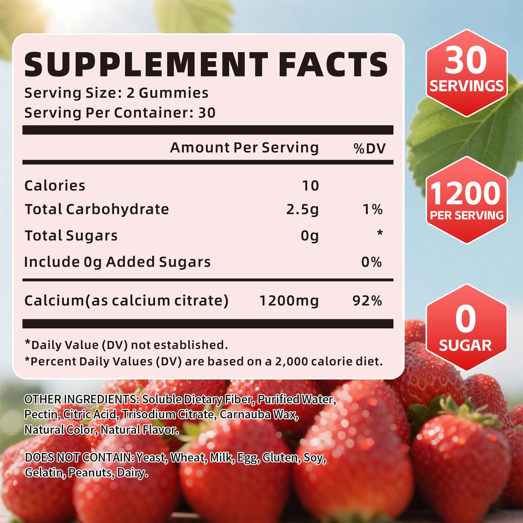 Calcium Citrate Gummies 1200mg - Strawberry Flavor, Sugar Free, Vegan (60 Count)