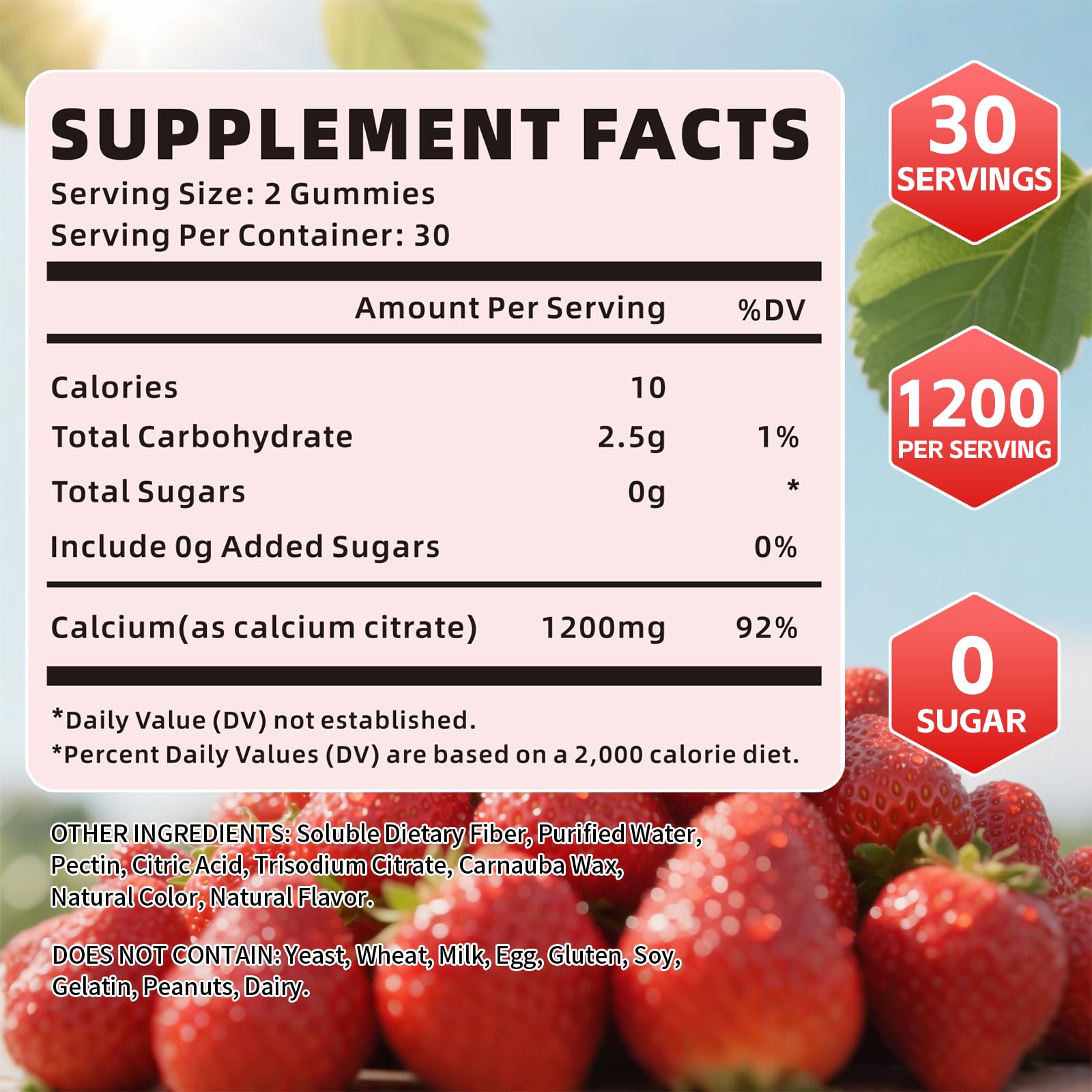 Calcium Citrate Gummies 1200mg - Strawberry Flavor, Sugar Free, Vegan (60 Count)