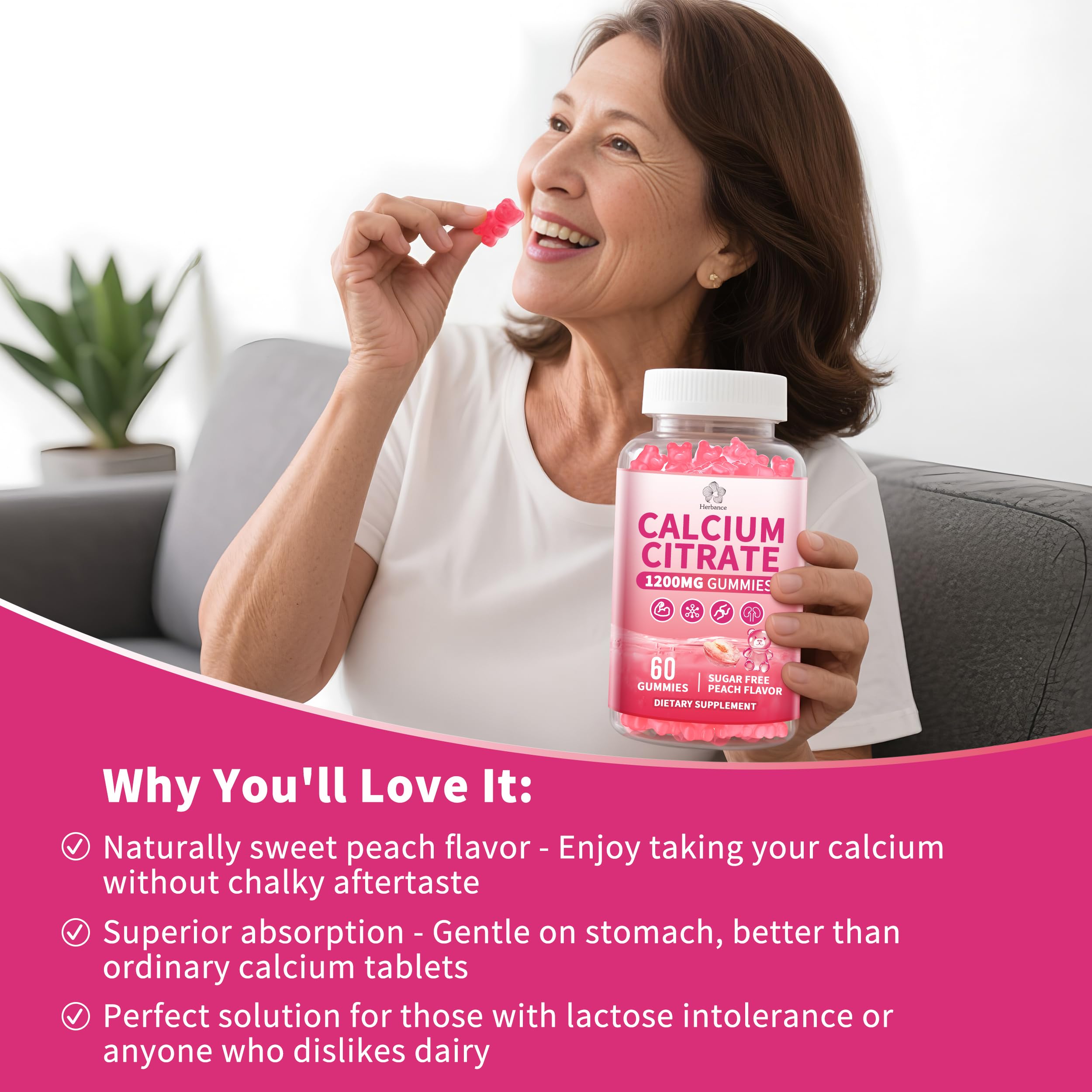 Calcium Citrate Gummies 1200 mg – High-Absorption Calcium for Adults (Sugar Free, Gluten Free, Non-GMO)