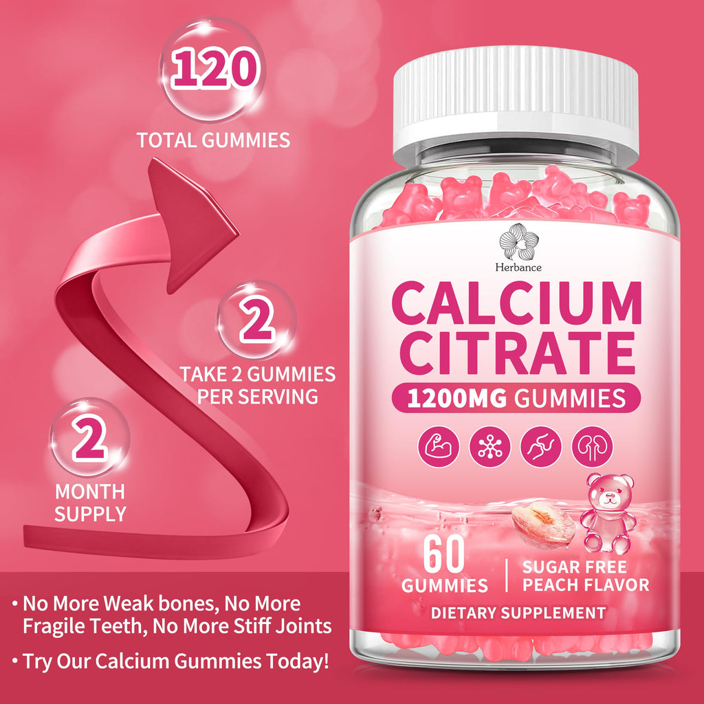 Calcium Citrate Gummies 1200 mg – High-Absorption Calcium for Adults (Sugar Free, Gluten Free, Non-GMO)