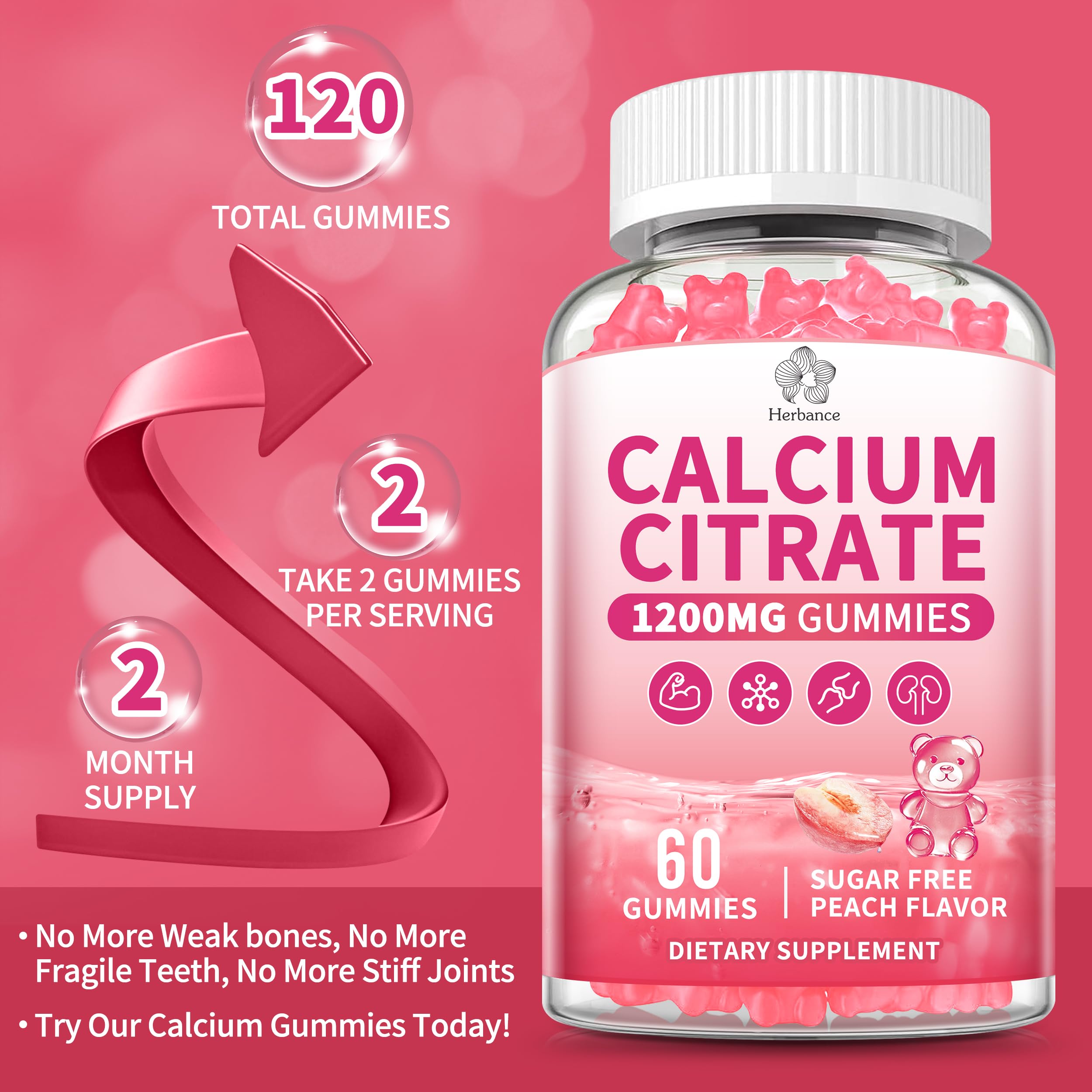Calcium Citrate Gummies 1200 mg – High-Absorption Calcium for Adults (Sugar Free, Gluten Free, Non-GMO)