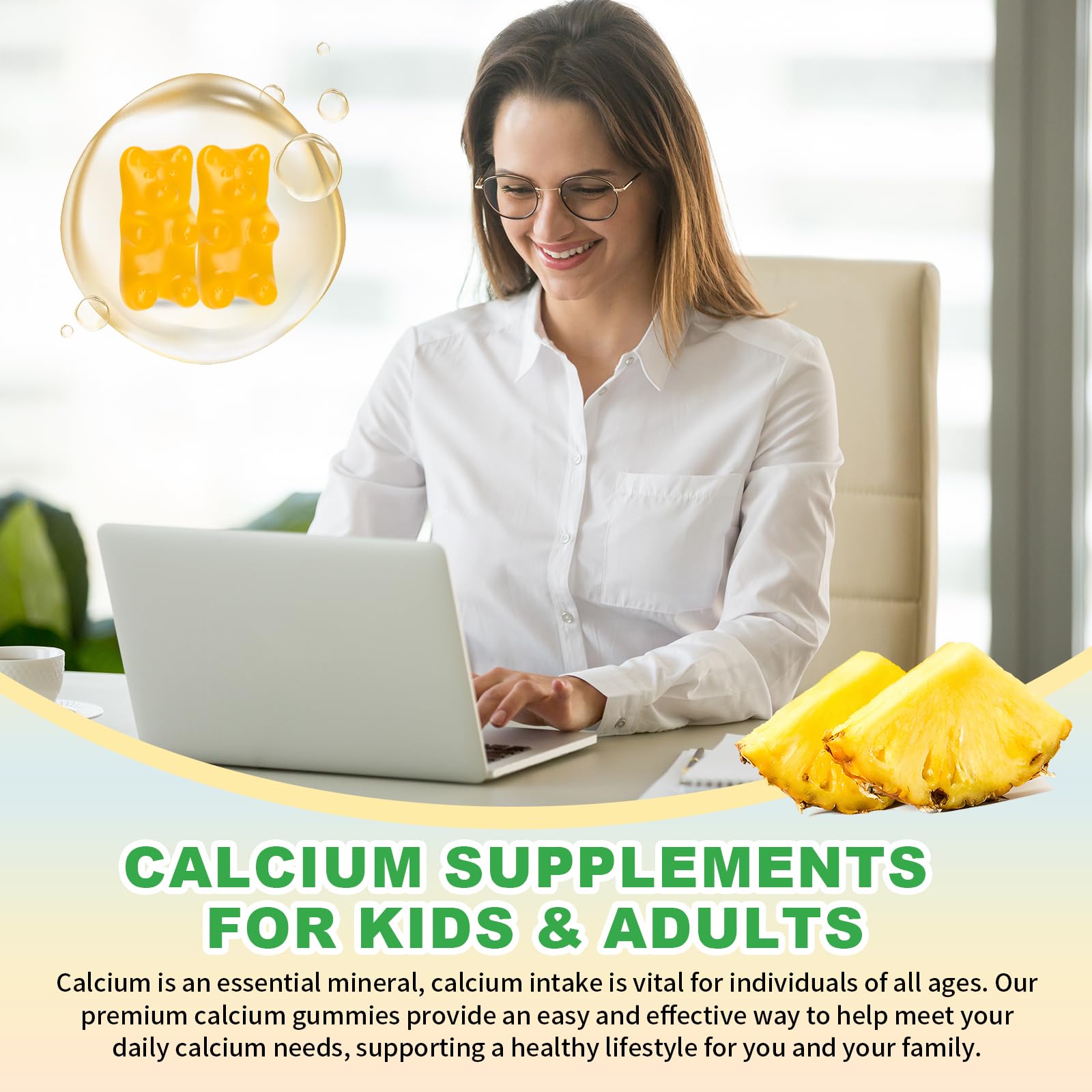 Calcium Citrate Gummies 1200mg – Sugar-Free Pineapple Calcium for Bone, Muscle & Immune Support | 60 Count