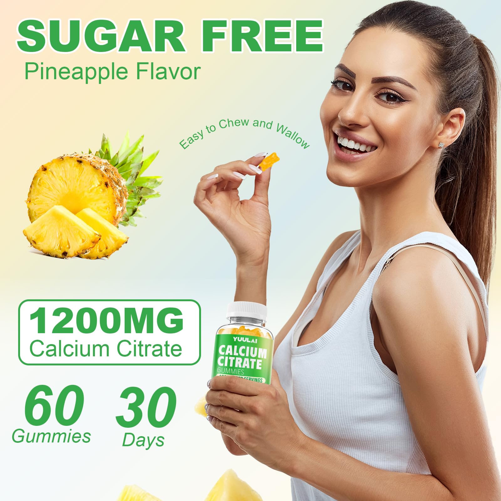 Calcium Citrate Gummies 1200mg – Sugar-Free Pineapple Calcium for Bone, Muscle & Immune Support | 60 Count