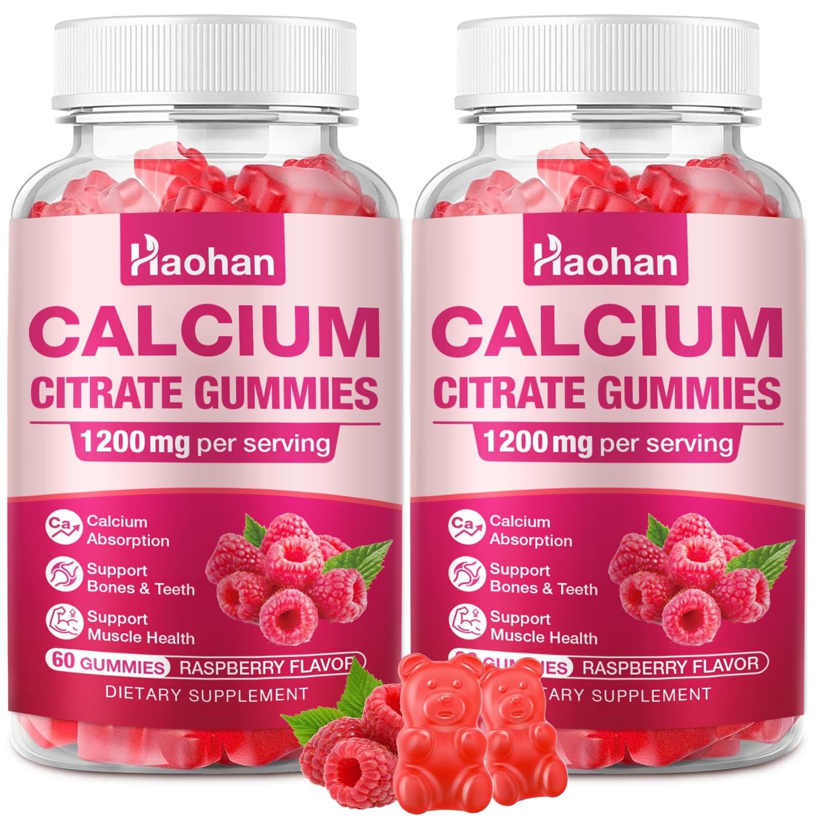 Calcium Citrate Gummies 1200mg - Sugar-Free Raspberry | Bone & Immune Support | 120 Count