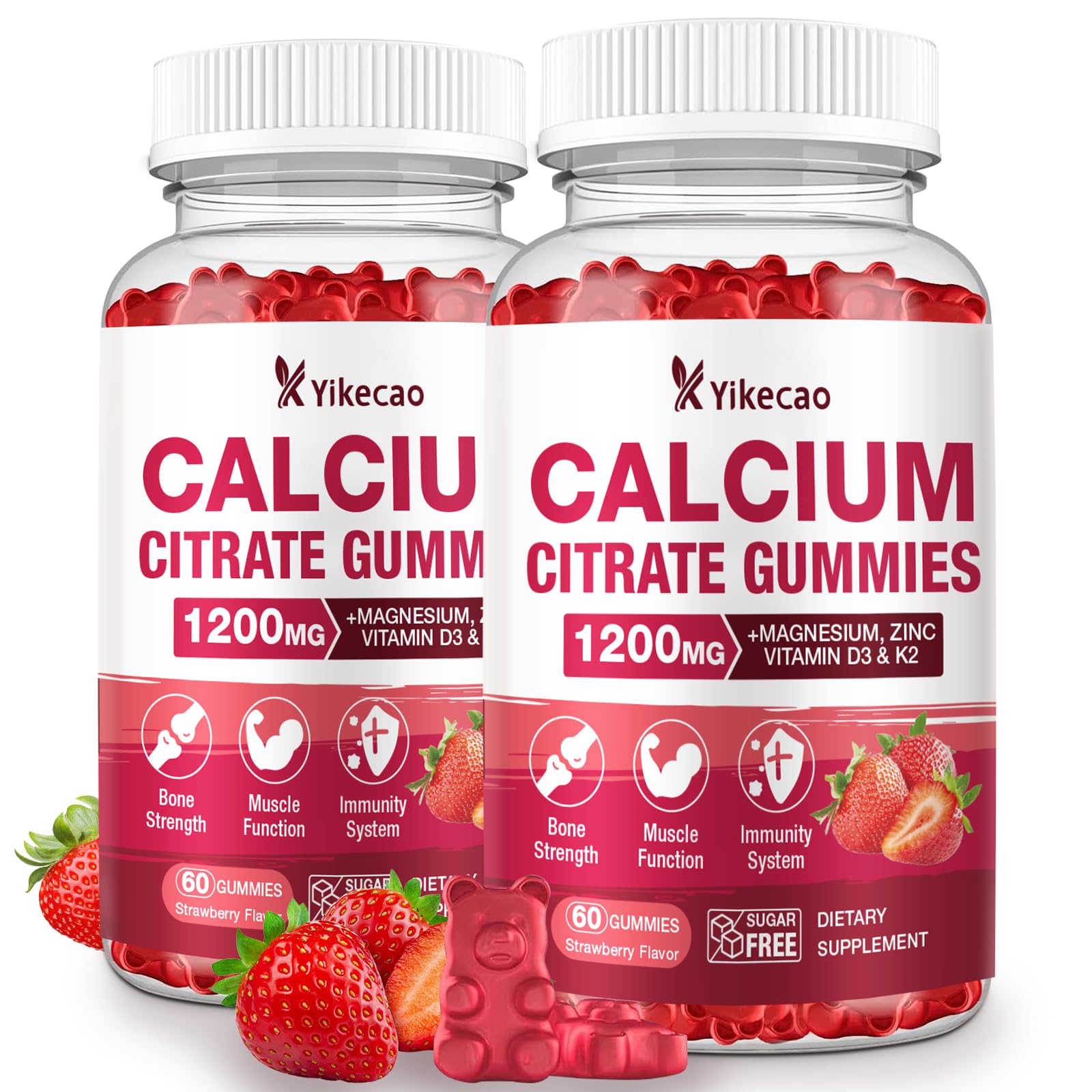 2 Pack Calcium Citrate Gummies 1200mg – Calcium with D3 & K2 (Strawberry, 120 Count)