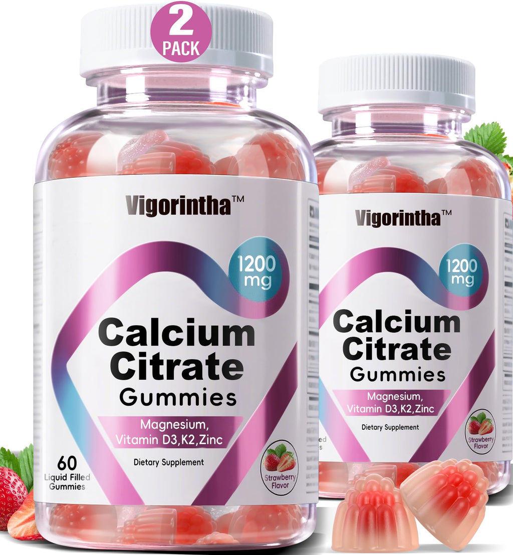 Calcium Citrate Gummies 1200mg with Magnesium, Vitamin D3 & K2 – Vegan, Gluten-Free, Sugar-Free (Strawberry) | 120 Gummies