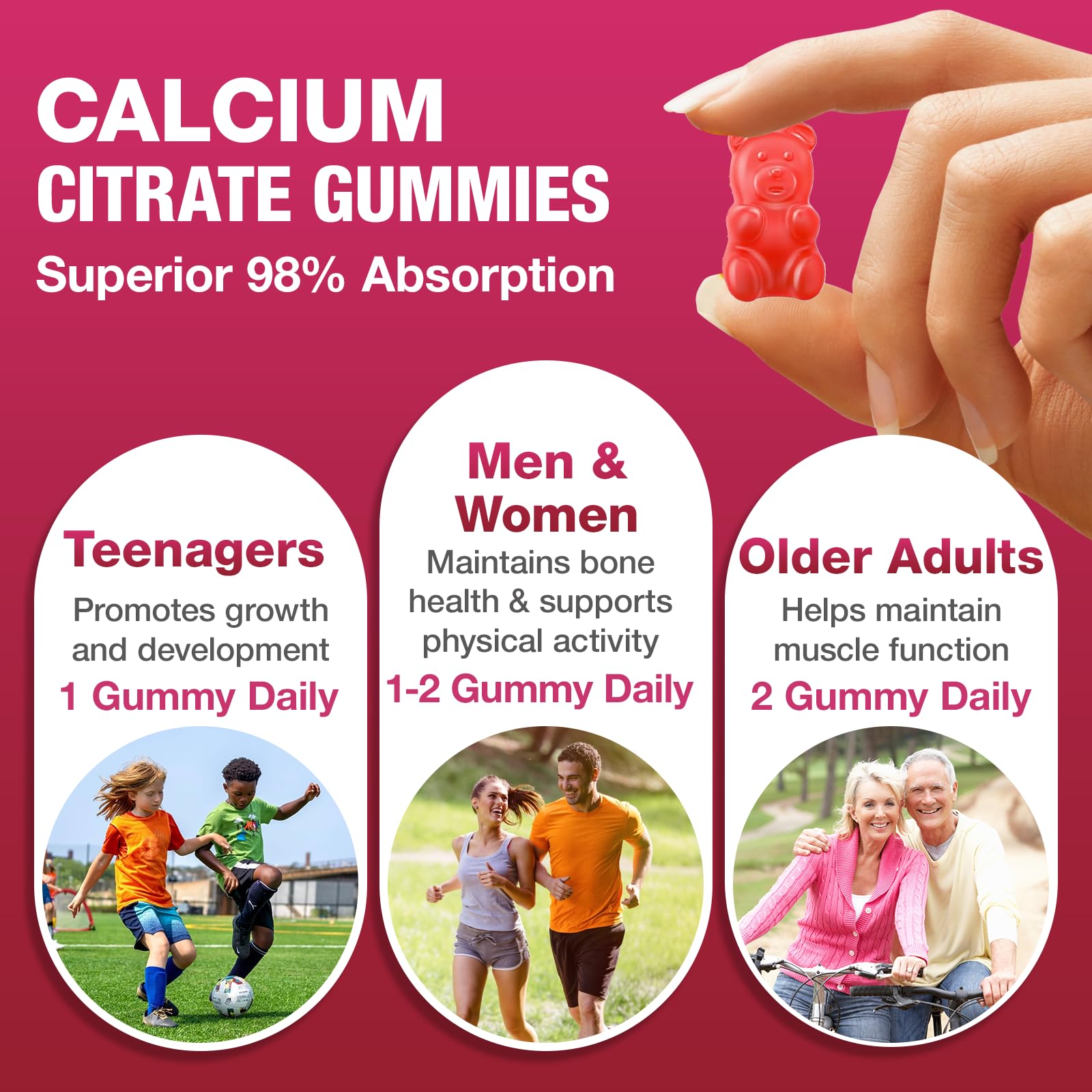 Calcium Citrate Gummies 1200mg - Sugar-Free Raspberry | Bone & Immune Support | 120 Count