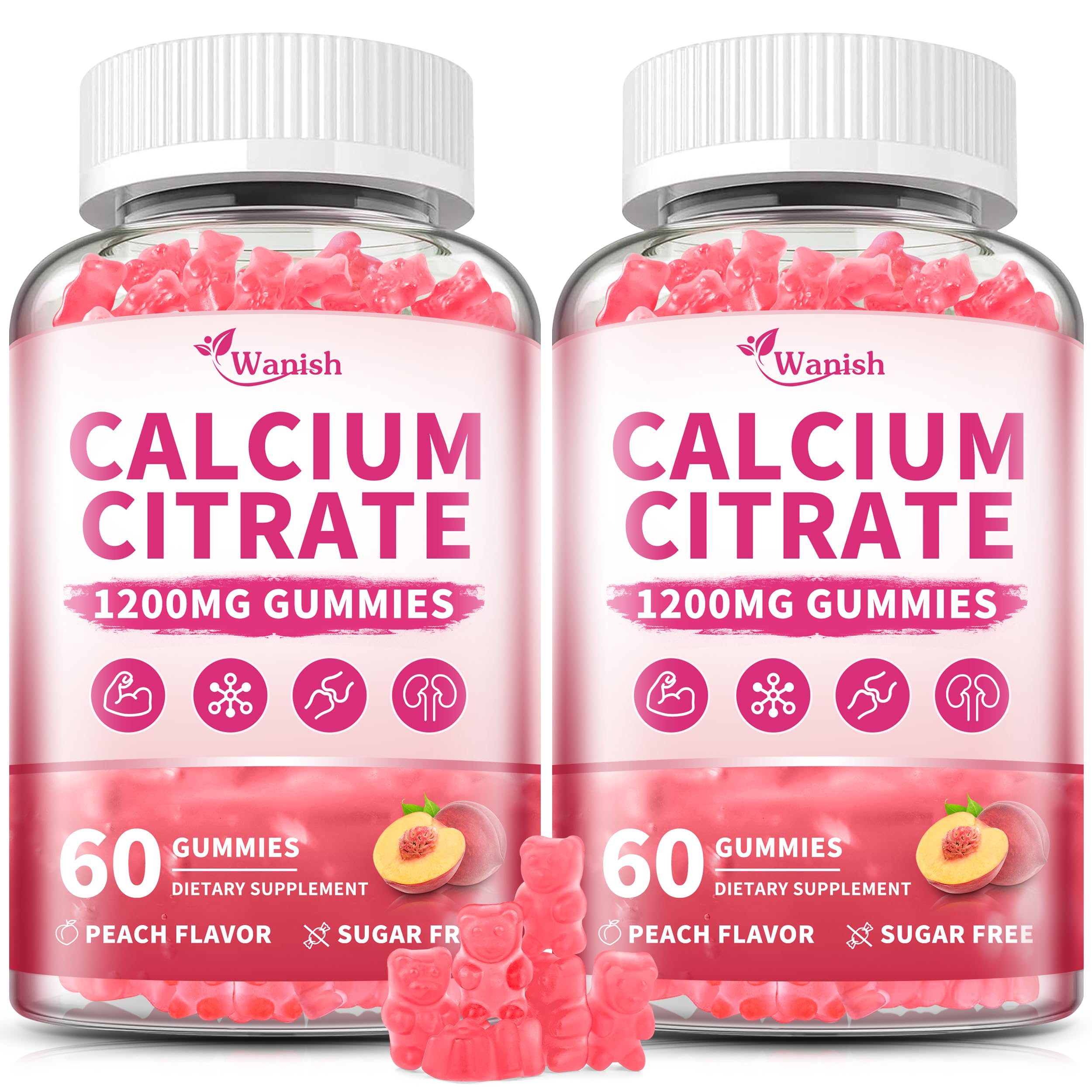 2 Pack 1200 mg Calcium Citrate Gummies – Sugar Free, Vegan, Peach