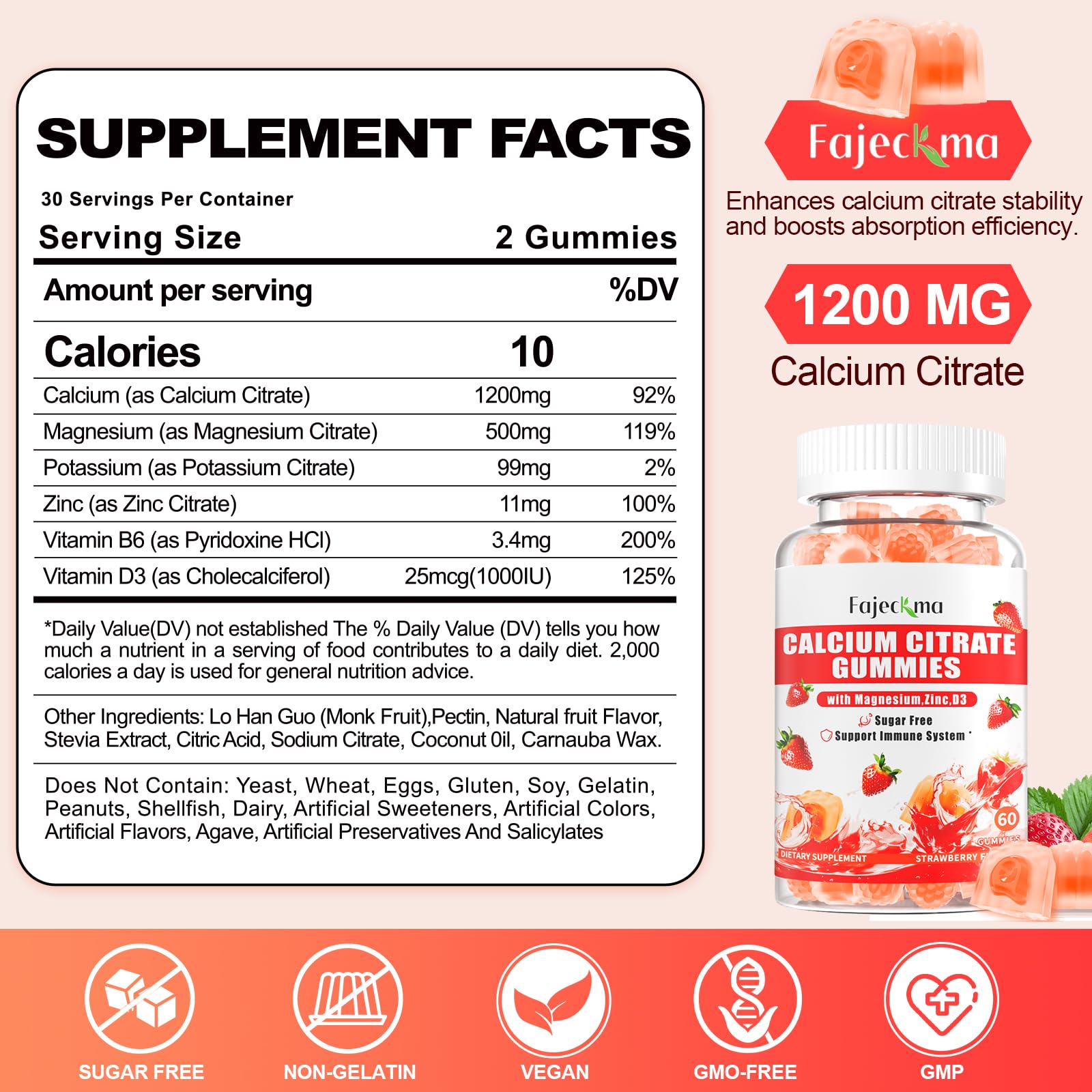 Calcium Citrate Gummies – 1200mg Calcium + Magnesium + Zinc with Vitamin D3 & B6 | Vegan, Sugar Free, 120 Count