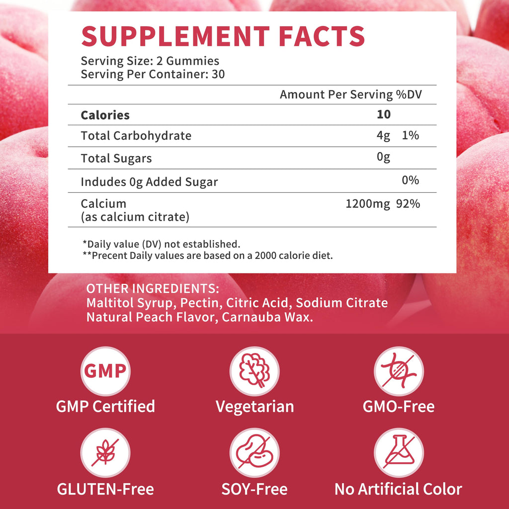 2 Pack 1200 mg Calcium Citrate Gummies – Sugar Free, Vegan, Peach