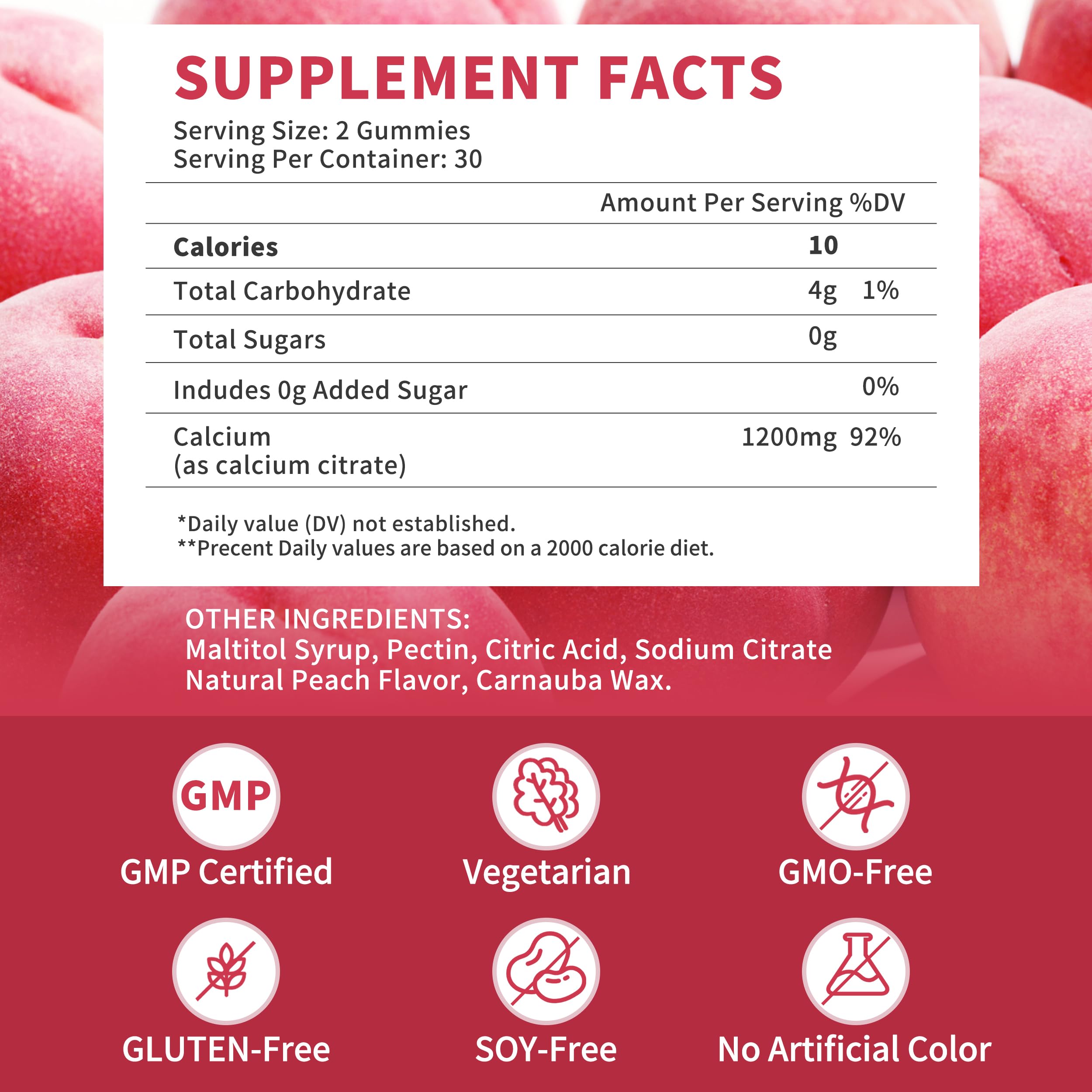 2 Pack 1200 mg Calcium Citrate Gummies – Sugar Free, Vegan, Peach