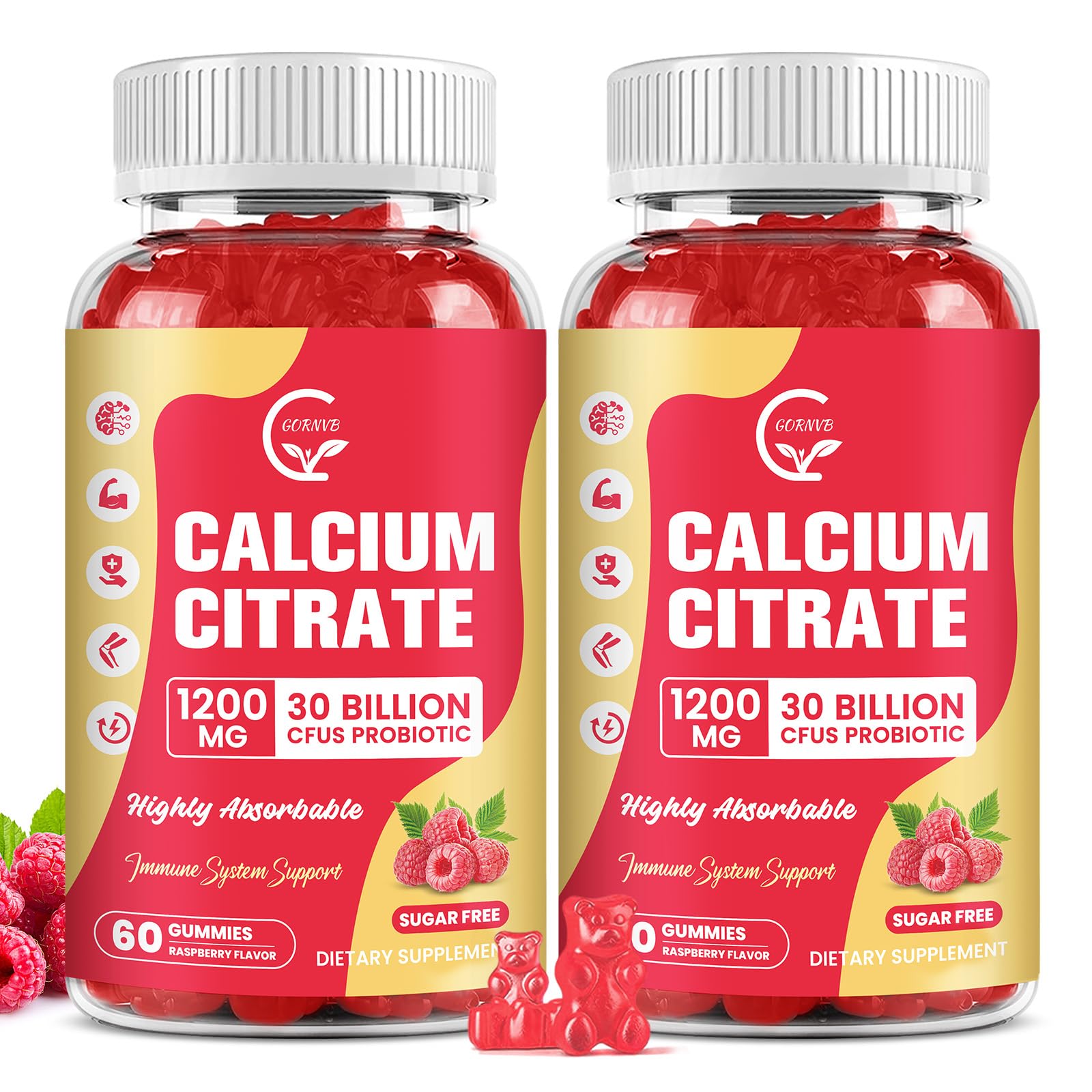 2 Pack Sugar Free Calcium Citrate Gummies 1200 mg – D3, K2, Mg, Zn | Raspberry, 60 Chews