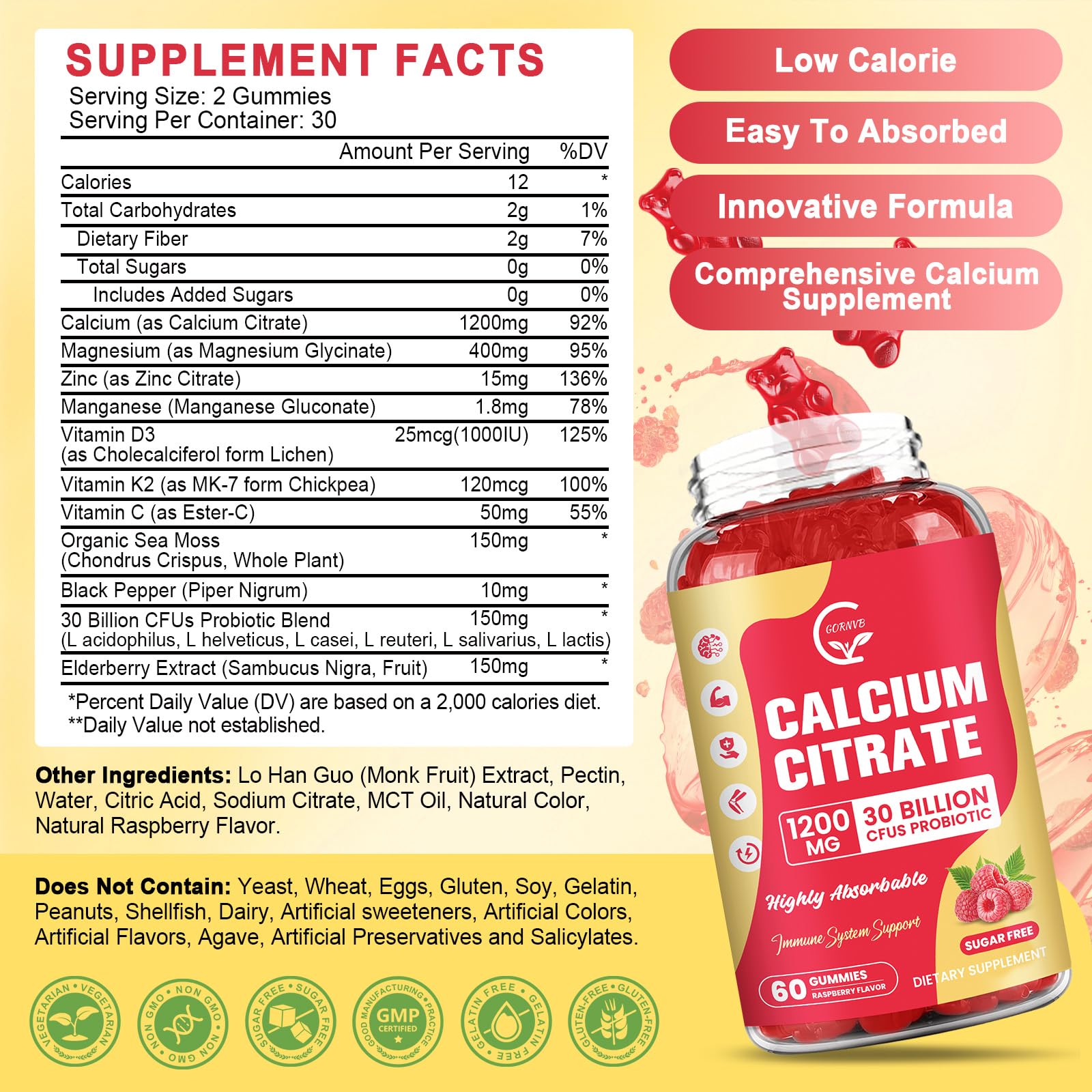 Calcium Citrate Gummies 1200 mg with D3, K2, Mg & Zn – Raspberry Flavor, 60 Chews