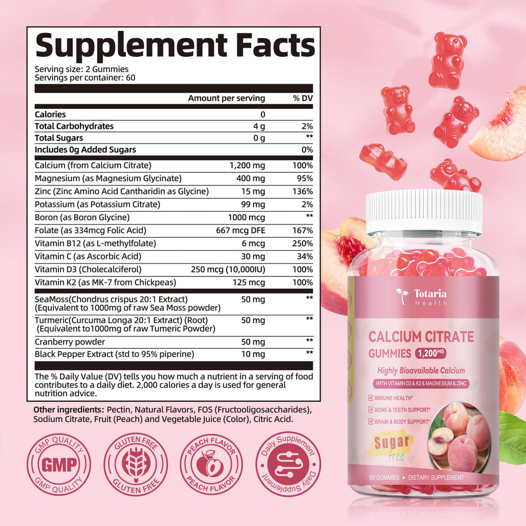 2 Pack Calcium Citrate Gummies 1200 mg – Peach Flavor, Vitamin D3 & K2