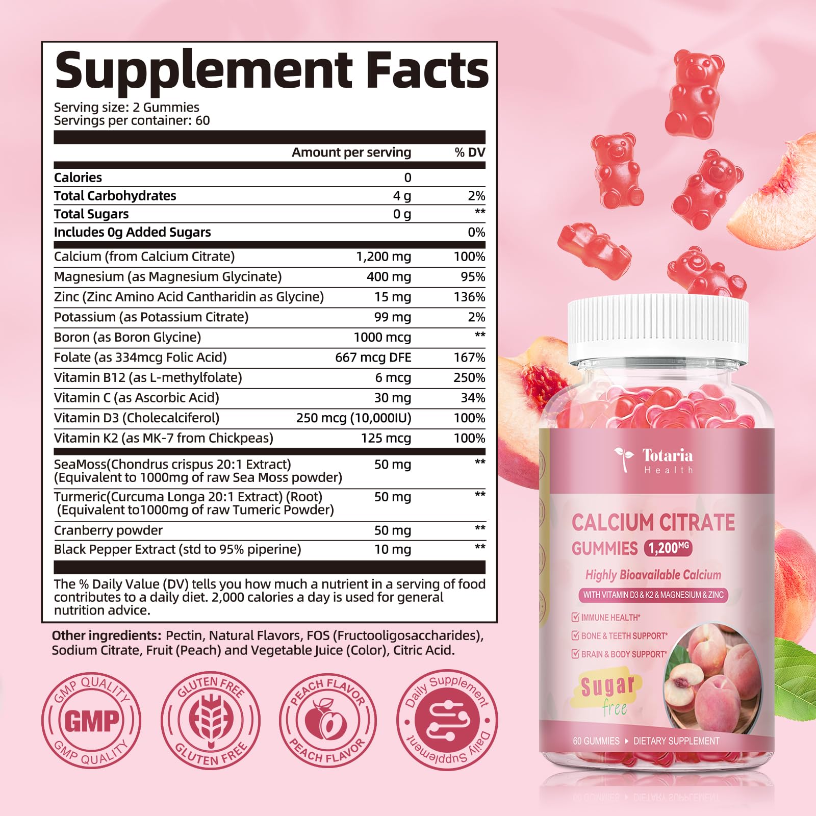 2 Pack Calcium Citrate Gummies 1200 mg – Peach Flavor, Vitamin D3 & K2