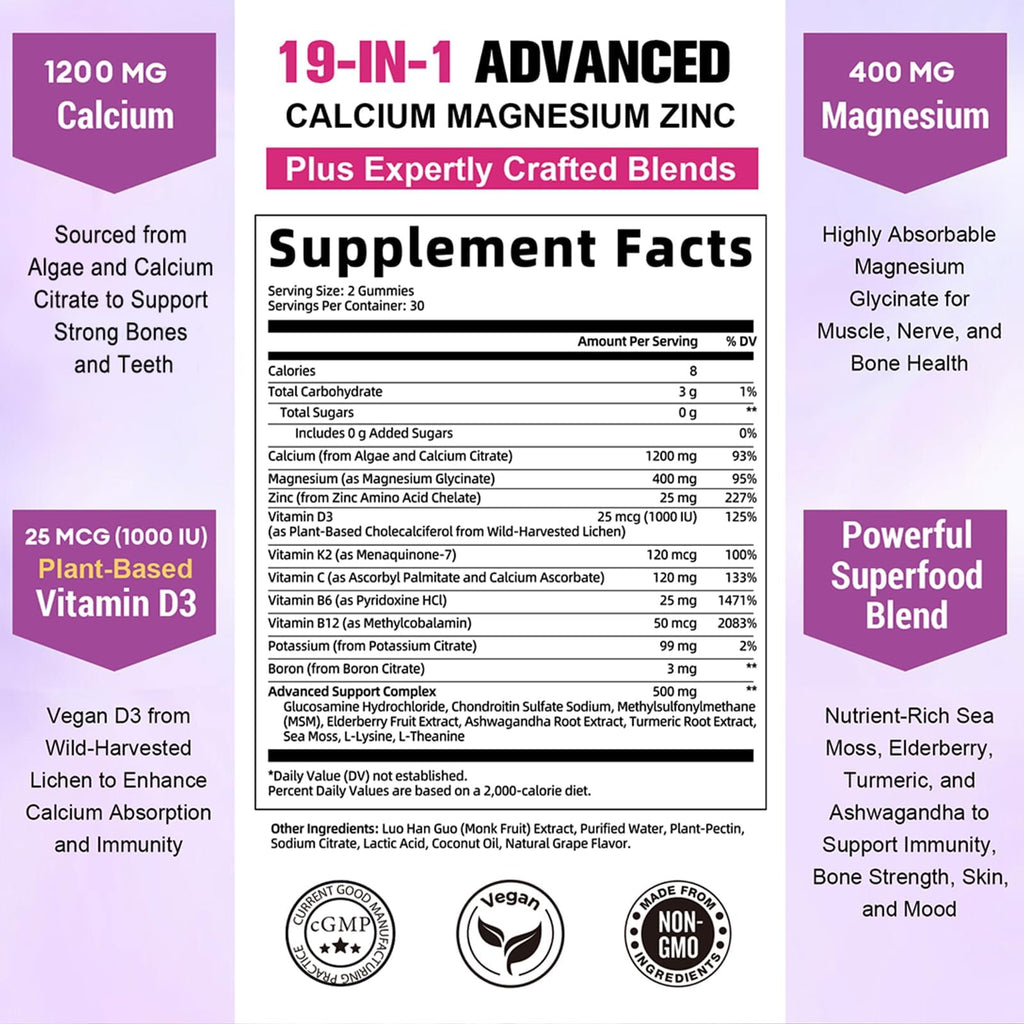 2 Pcs Sugar Free Calcium 1200 mg Gummies with Vitamin D3 K2 (MK-7) – Bone & Joint Health (Grape)