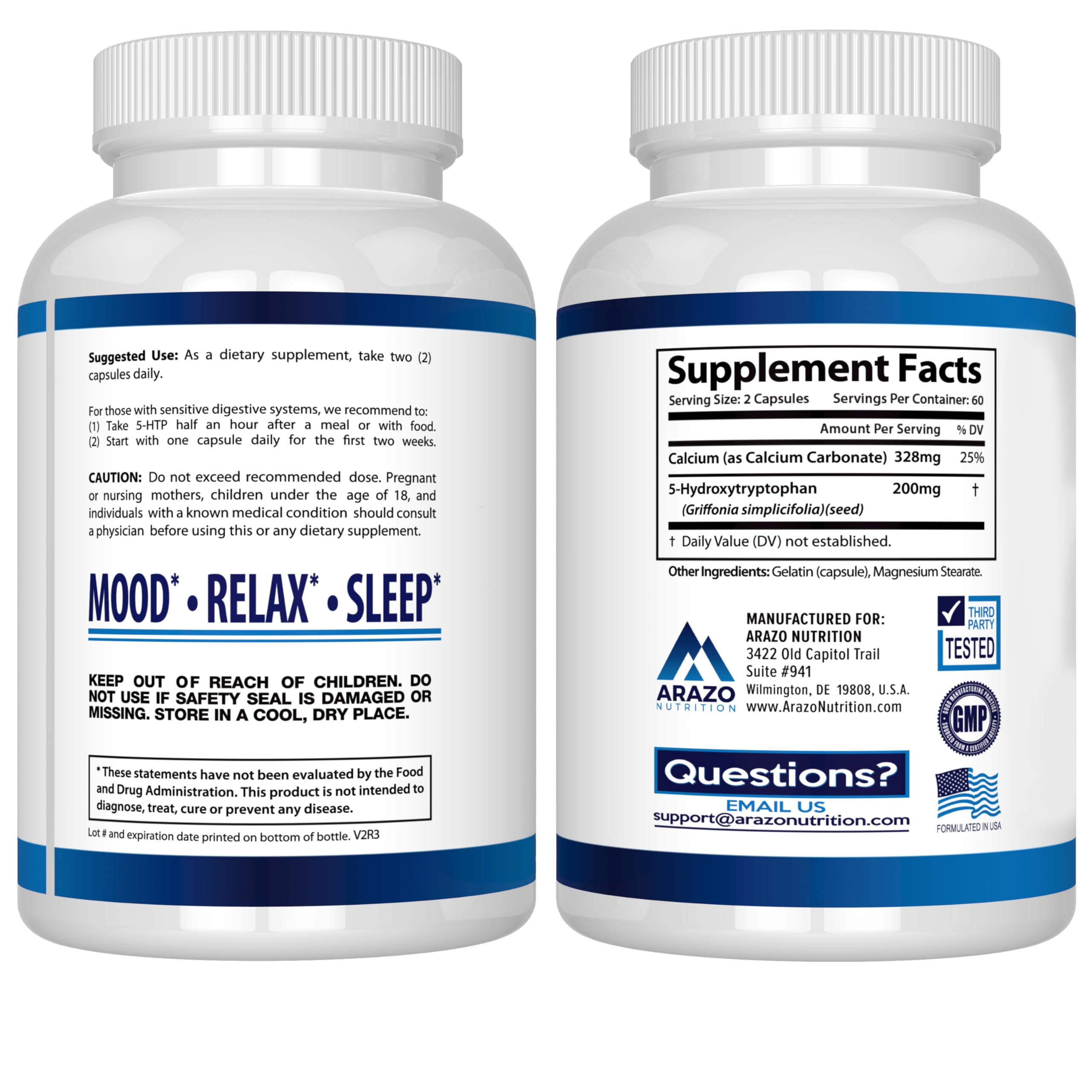 5-HTP 200 mg Plus Calcium – Mood & Sleep Support | 120 Capsules | Arazo Nutrition