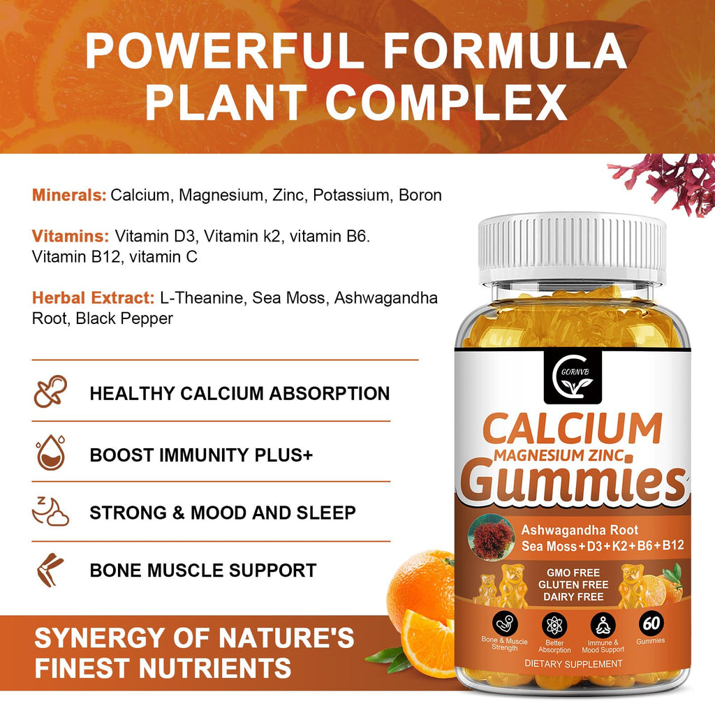 1200mg Calcium Gummies with D3, K2, B12 & B6 – Plant Calcium Magnesium | 2-Pack