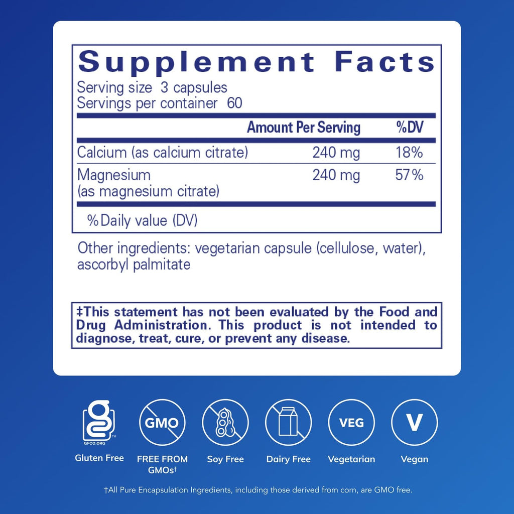 Calcium Magnesium Citrate (240 g) - Pure Encapsulations - Vegan, Non-GMO - 180 Capsules | Bone Health
