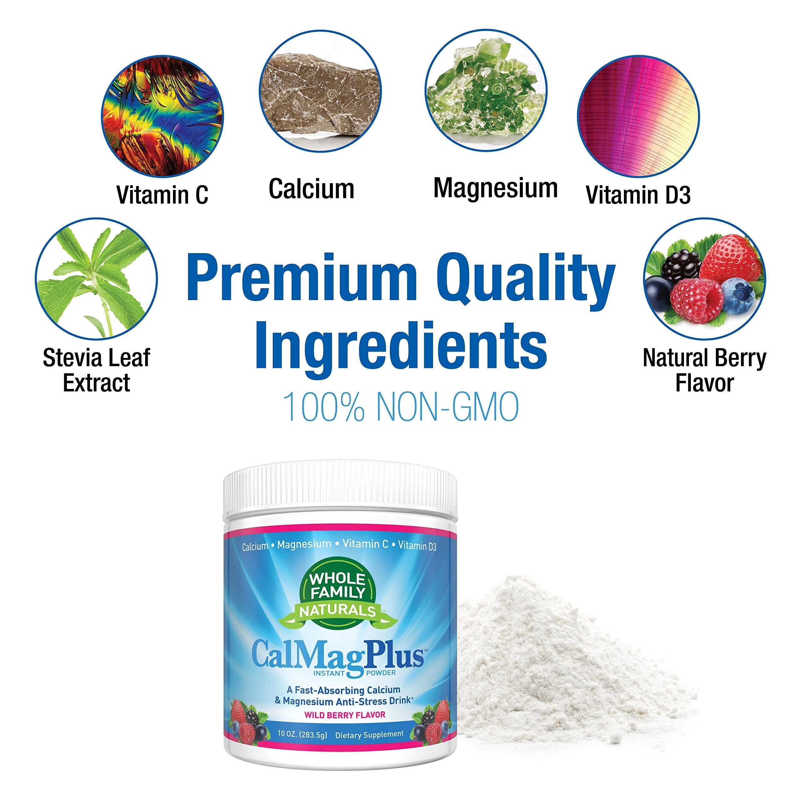 Calcium Magnesium Powder Supplement – CalMag Plus with Vitamin C & D3 – Gluten Free, Non-GMO, Wild Berry