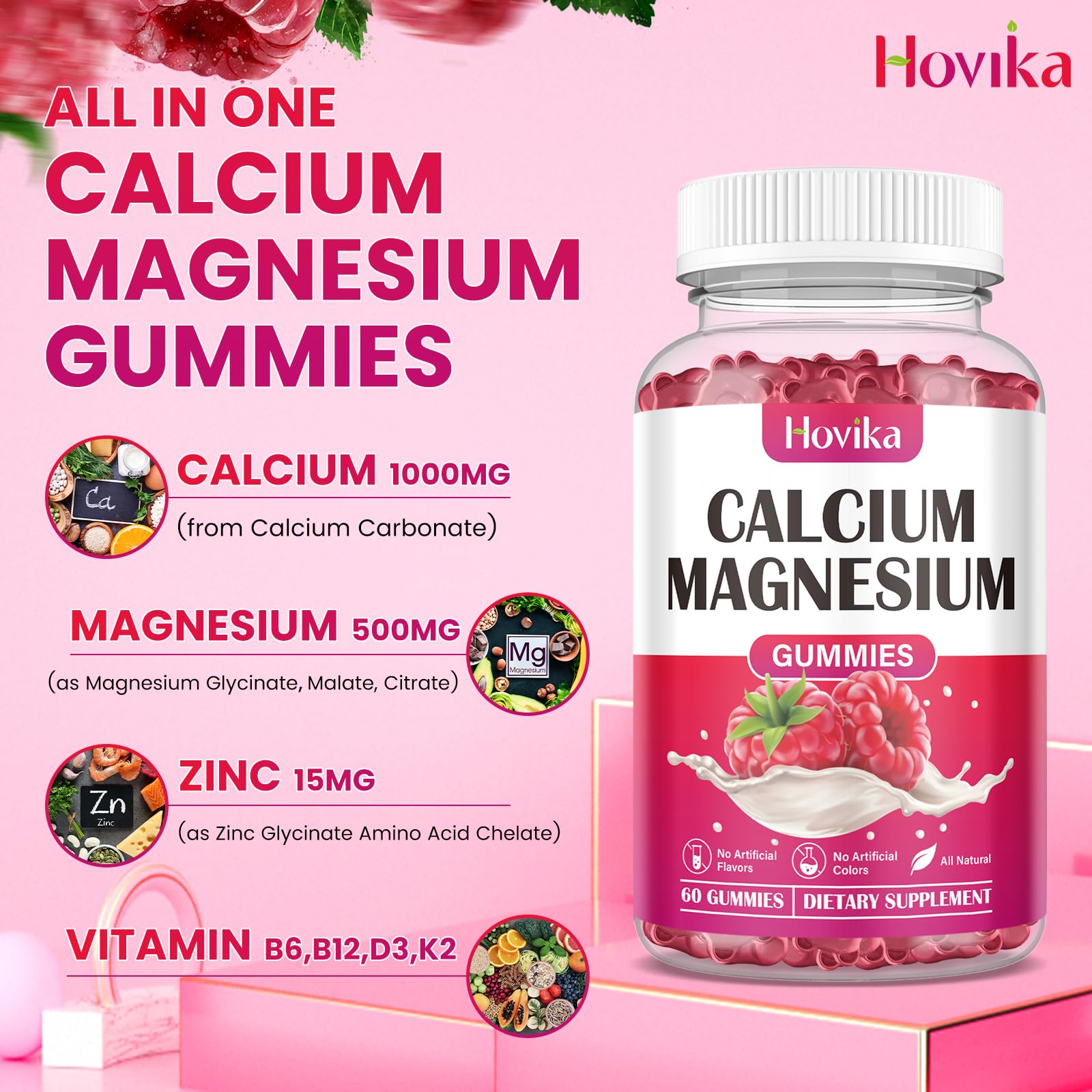 Calcium Magnesium Zinc Gummies 2:1 with D3 K2 B6 B12 – Vegan Raspberry 120