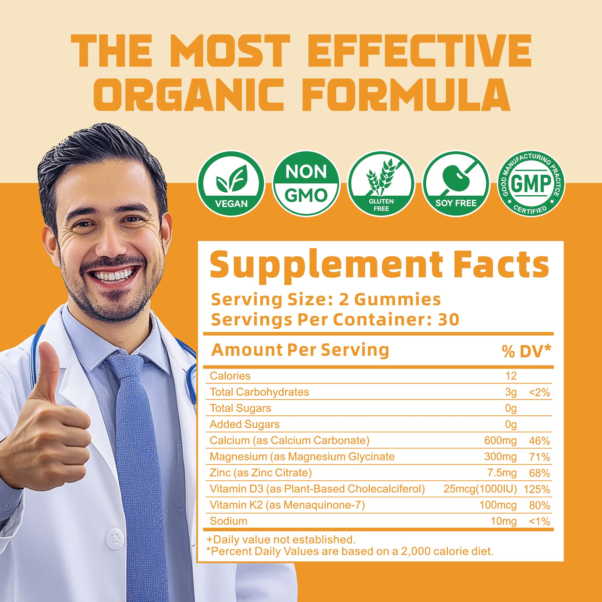 Calcium Magnesium Zinc Gummies with Vitamin D3 & K2 - High Potency, Enhanced Absorption - 120 Orange Gummies