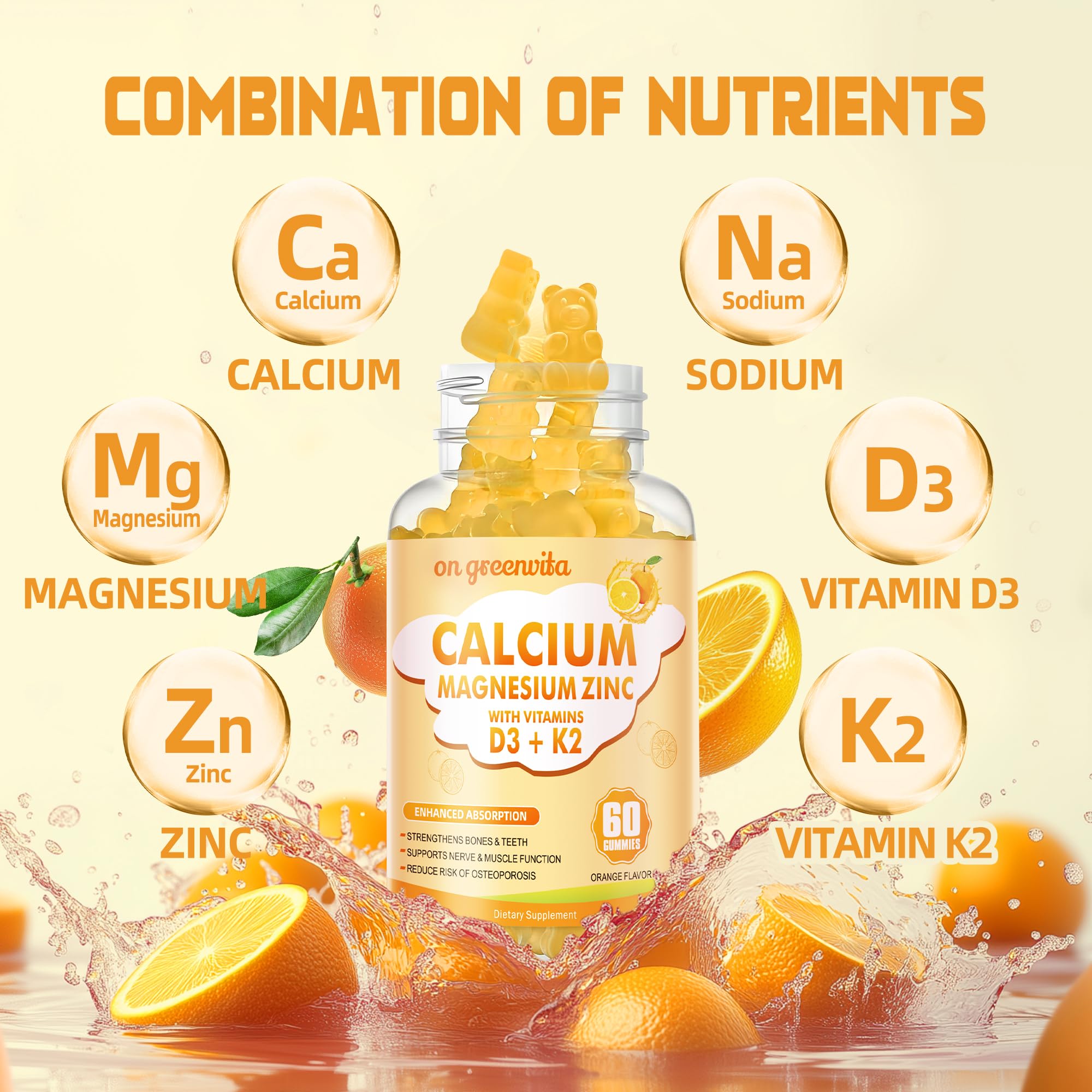 Calcium Magnesium Zinc Gummies with Vitamin D3 & K2 - High Potency, Enhanced Absorption - 120 Orange Gummies