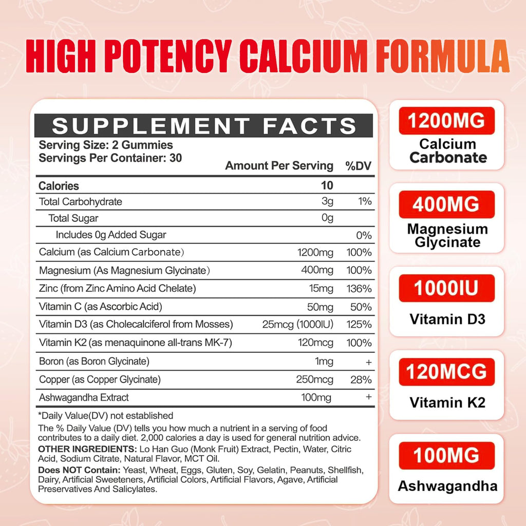 Calcium Magnesium Zinc Gummies with Vitamin D3 for Adults - 1200mg Calcium Citrate, K2, Boron, Copper, Ashwagandha | 60 Count