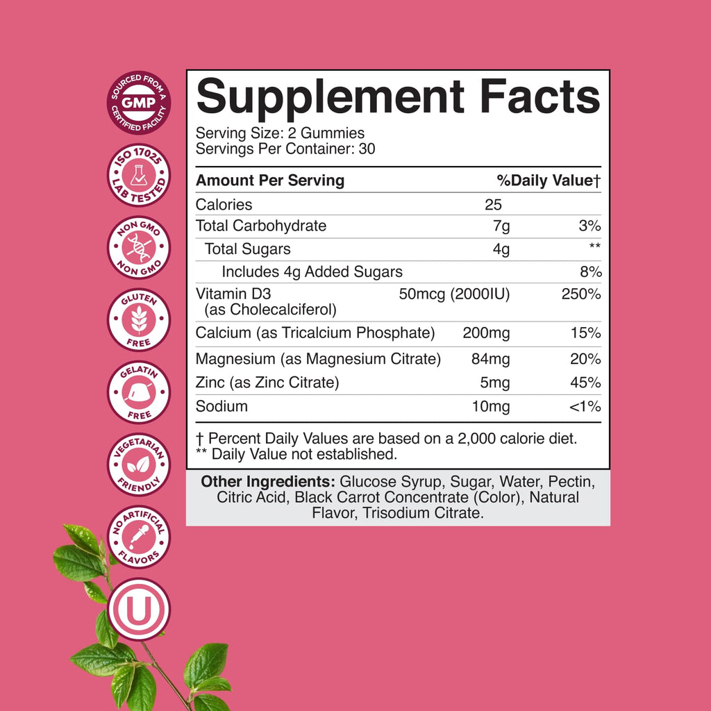 Calcium Magnesium Zinc Gummies with Vitamin D3 – Kosher Non-GMO Gelatin-Free (3 Month Supply)
