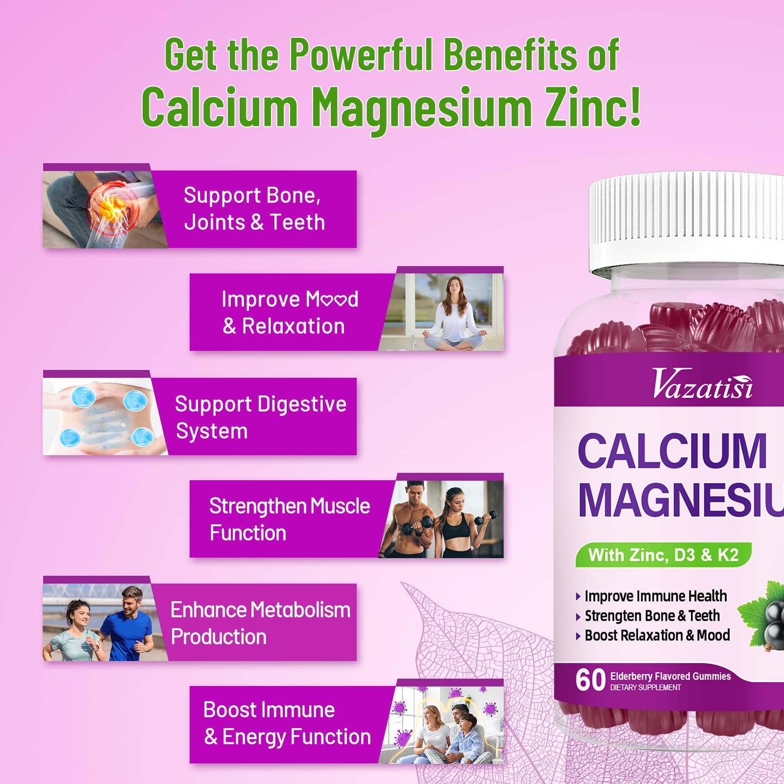 Calcium Magnesium Zinc Gummies with Vitamin D3 & K2 – High Absorption, Vegan Elderberry 120 Gummies